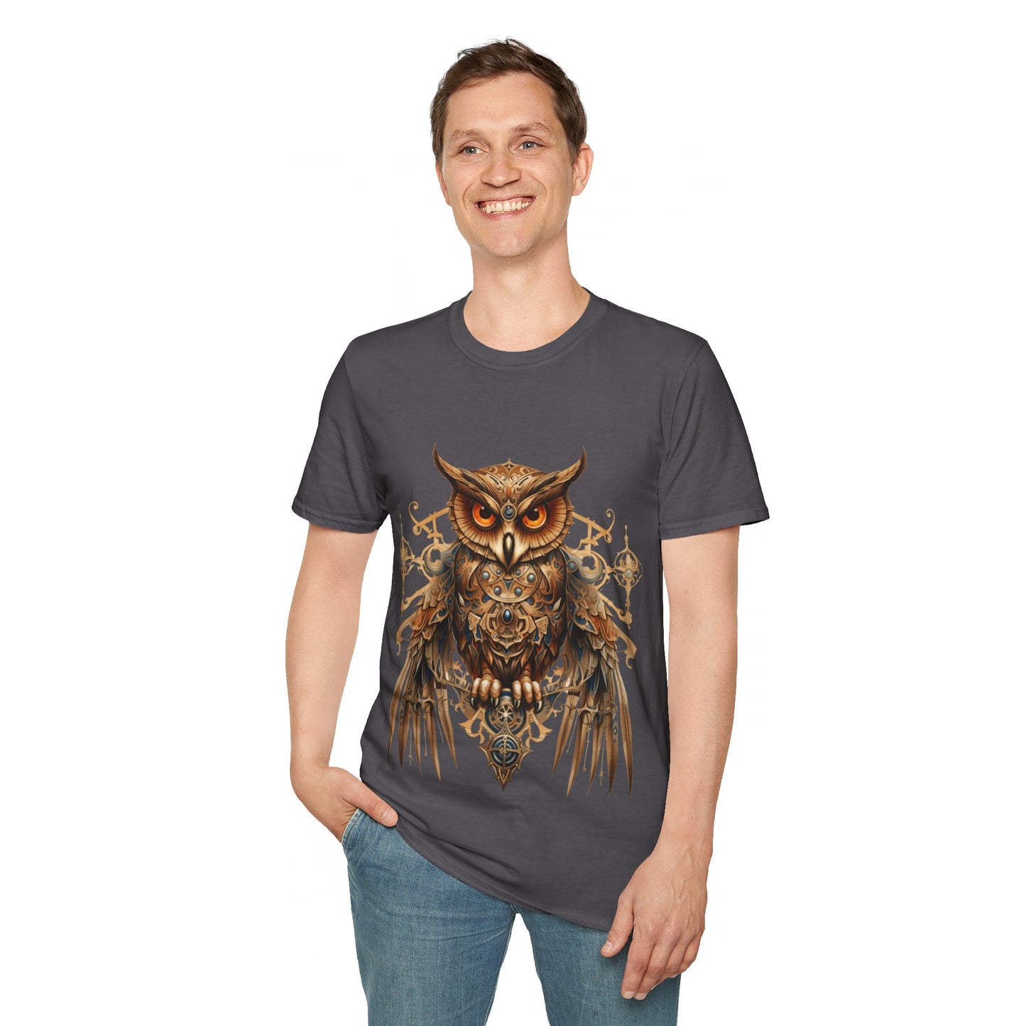 Steampunk Art Deco Style Owl II, Golden Owl Shirt, 1920's Owl Gift Unisex Tee Shirt, T-Shirt Softstyle T-Shirt Tee Teeshirt