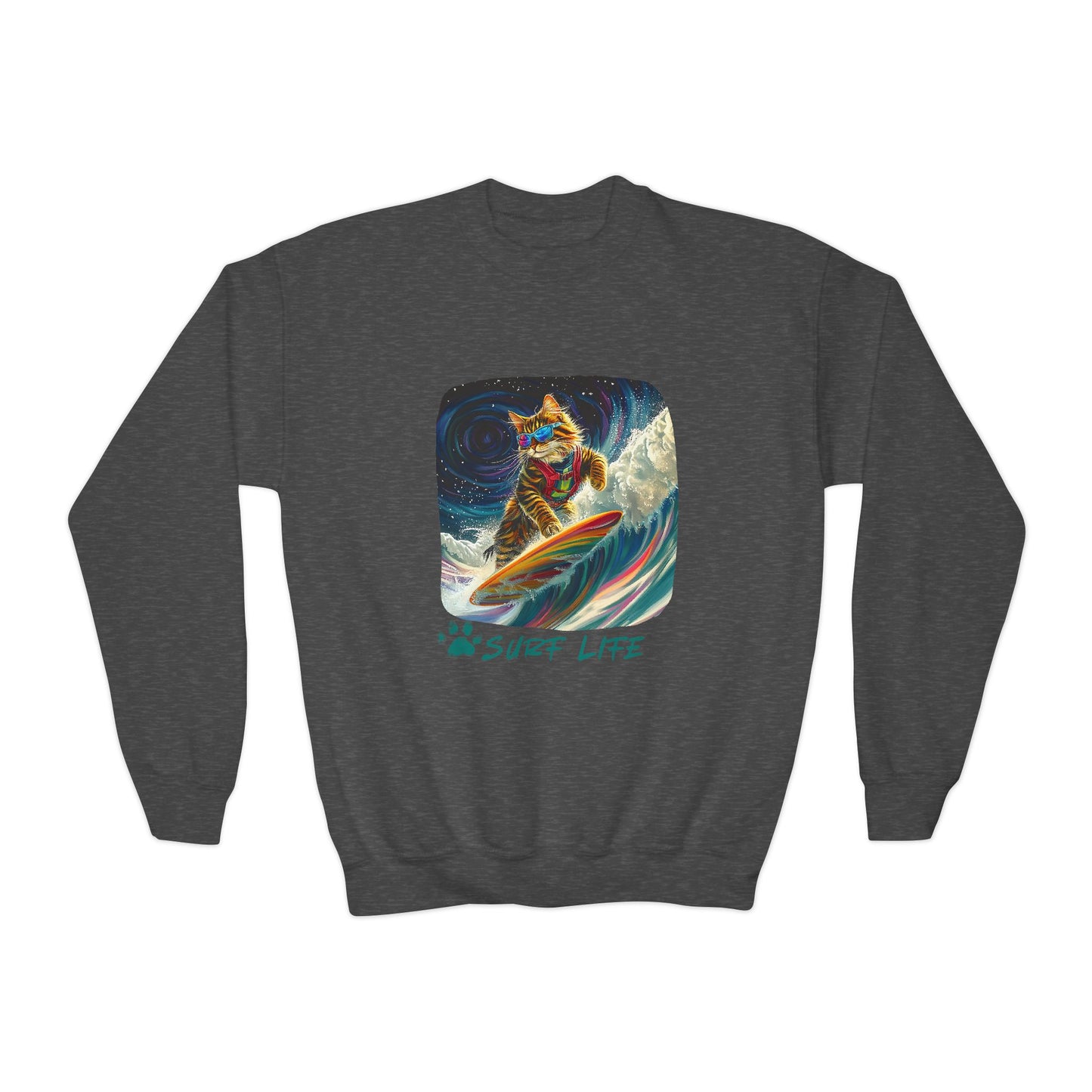 Surf Life Surfer Cat for Kids Sweatshirt - Kitty Cat Shredding the Weves-Youth Crewneck Sweatshirt -Christmas Cat Gift
