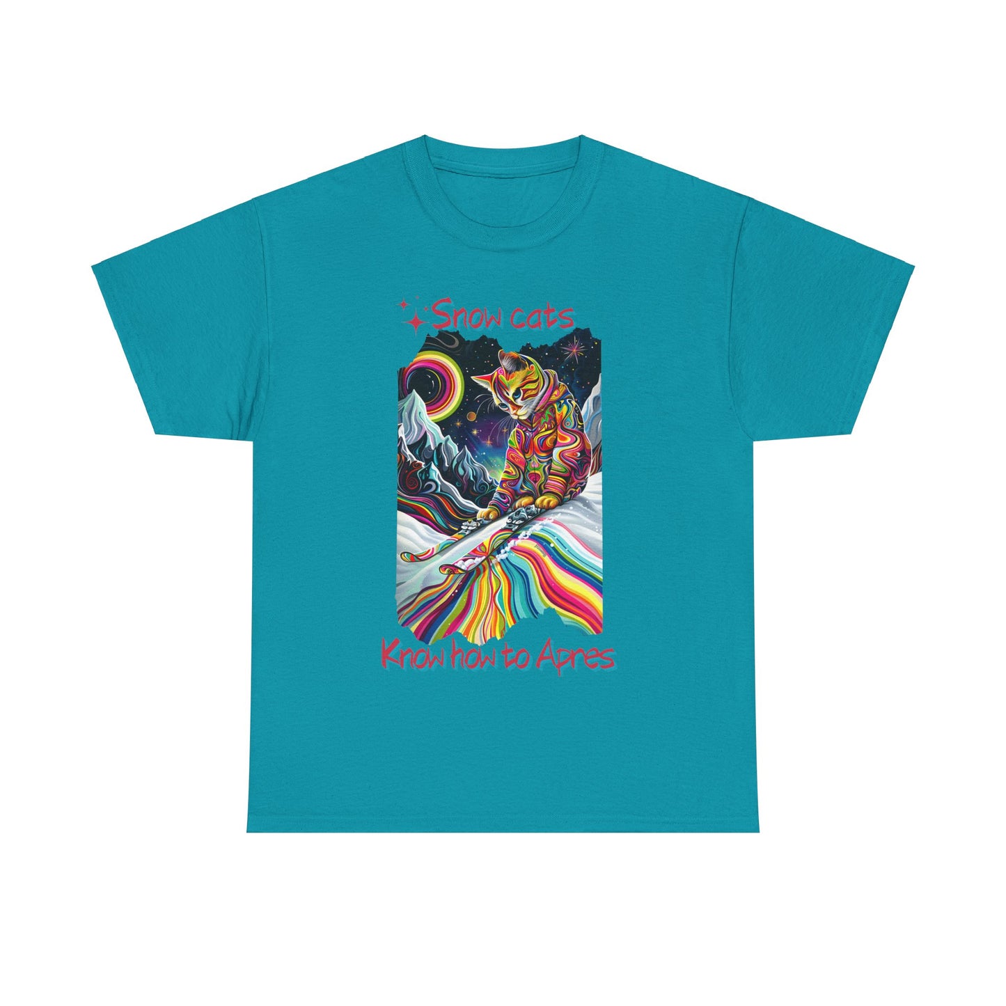 Snow Cats Know How to Apres - Ski, Snow, Snowboard Winter Sports Cat Cat Art Graphic Tee, Ski Gift - Cool Cats Unisex Heavy Cotton Tee T-Shirt
