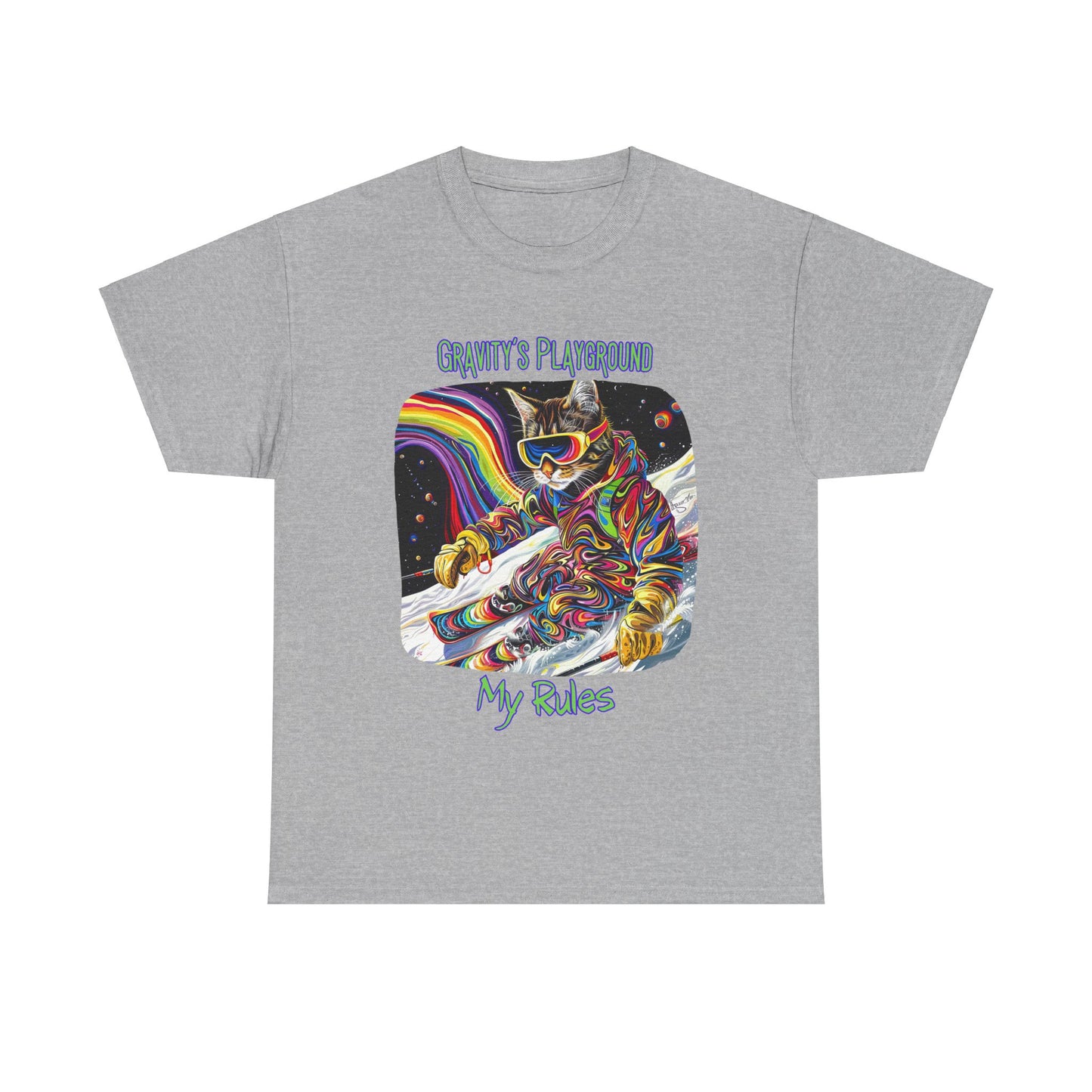 Gravity's Playground, My Rules - Ski, Snow, Snowboard Winter Sports Cat - Cat Graphic Tee Art Gift - Cool Cats Unisex Heavy Cotton Tee T-Shirt