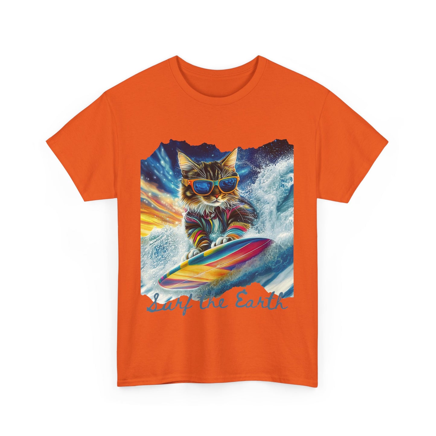 Surf Surfer Cat, "Surf the Earth", Cat on Surfboard Graphic Tee- Water Sports Cat (V1) Cat Art Gift - Cool Cats Unisex Heavy Cotton Tee T-Shirt