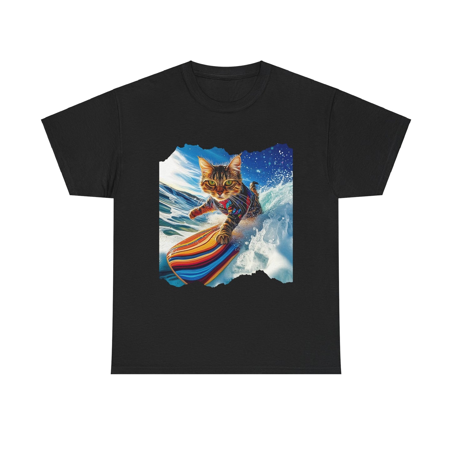 Surfer Surf Cat, Cat on Surfboard Graphic Tee- Water Sports Cat (V1) Cat Art Gift - Cool Cats Unisex Heavy Cotton Tee T-Shirt