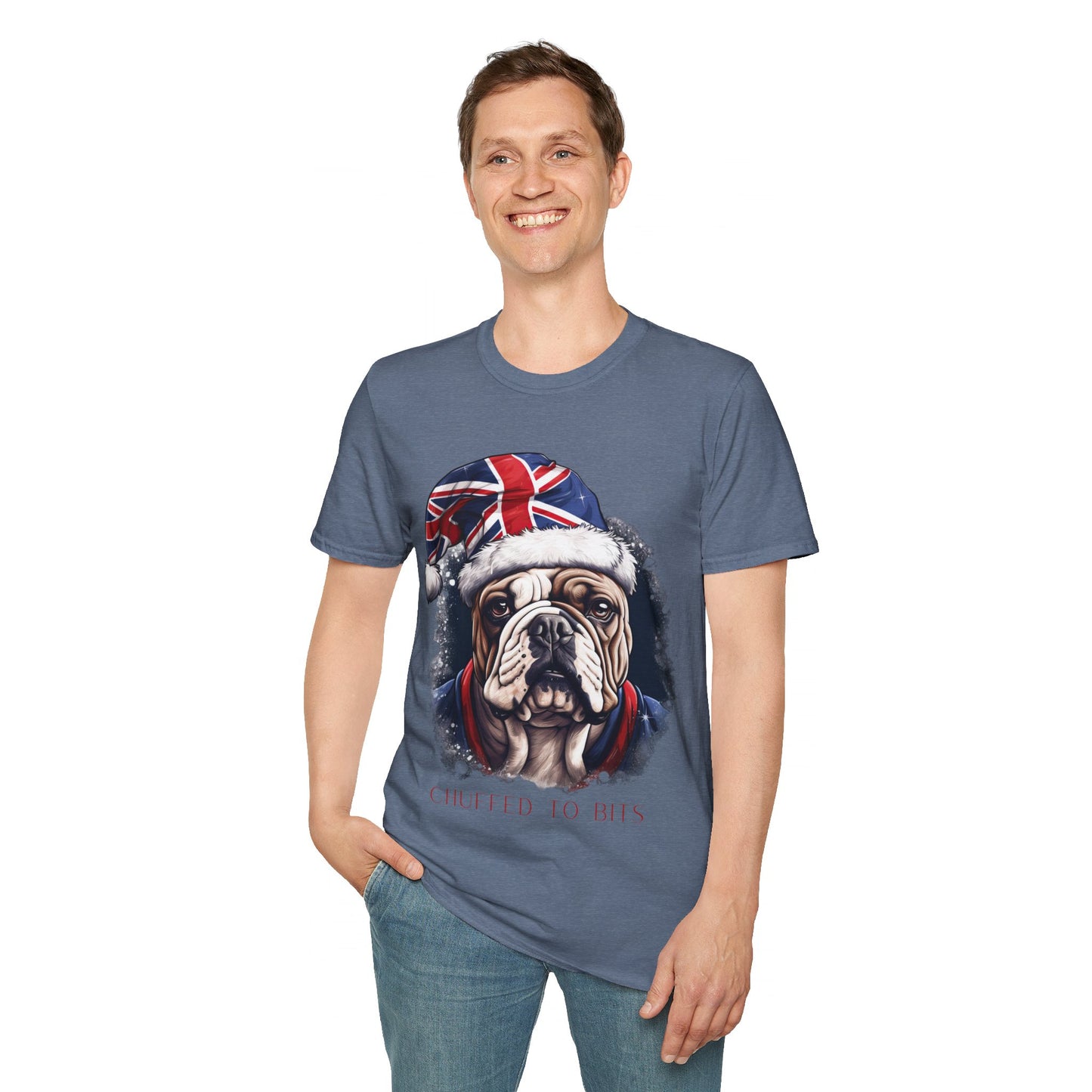English Bulldog, Chuffed To Bits T-Shirt, British Union Jack, Mens Womans Unisex Shirt Softstyle T-Shirt Teeshirt Anglophile