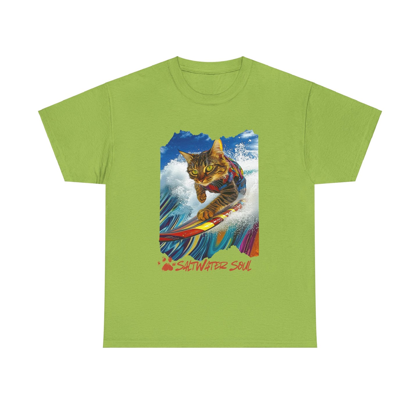 Saltwater Soul Surfer Cat, T-shirt, Cat on Surfboard Graphic Tee- Water Sports Cat Cat Art Gift - Cool Cats Unisex Heavy Cotton Tee T-Shirt