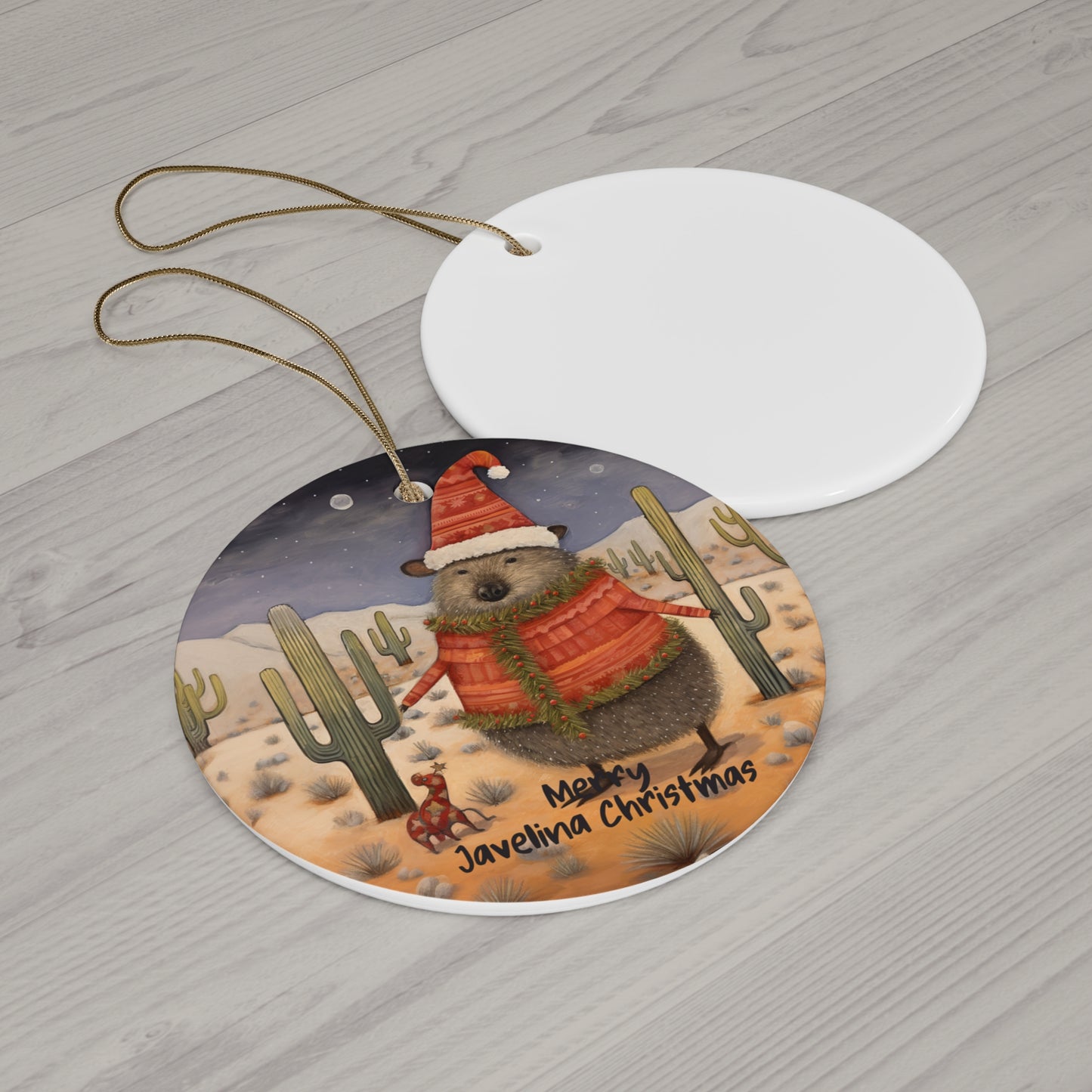 Merry Javelina Christmas - Desert Art Ornament, Sedona, Arizona, Christmas Gift, Christmas Cactus Gift Ceramic Ornament