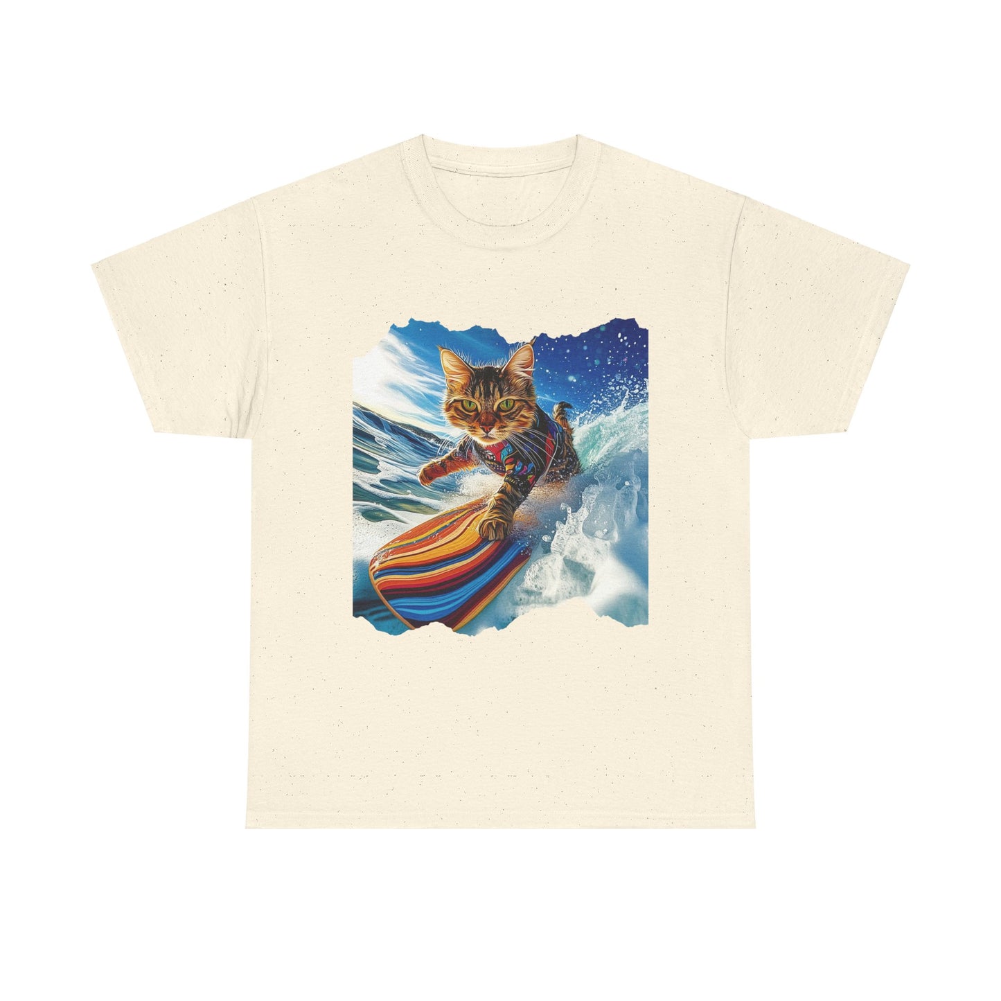 Surfer Surf Cat, Cat on Surfboard Graphic Tee- Water Sports Cat (V1) Cat Art Gift - Cool Cats Unisex Heavy Cotton Tee T-Shirt
