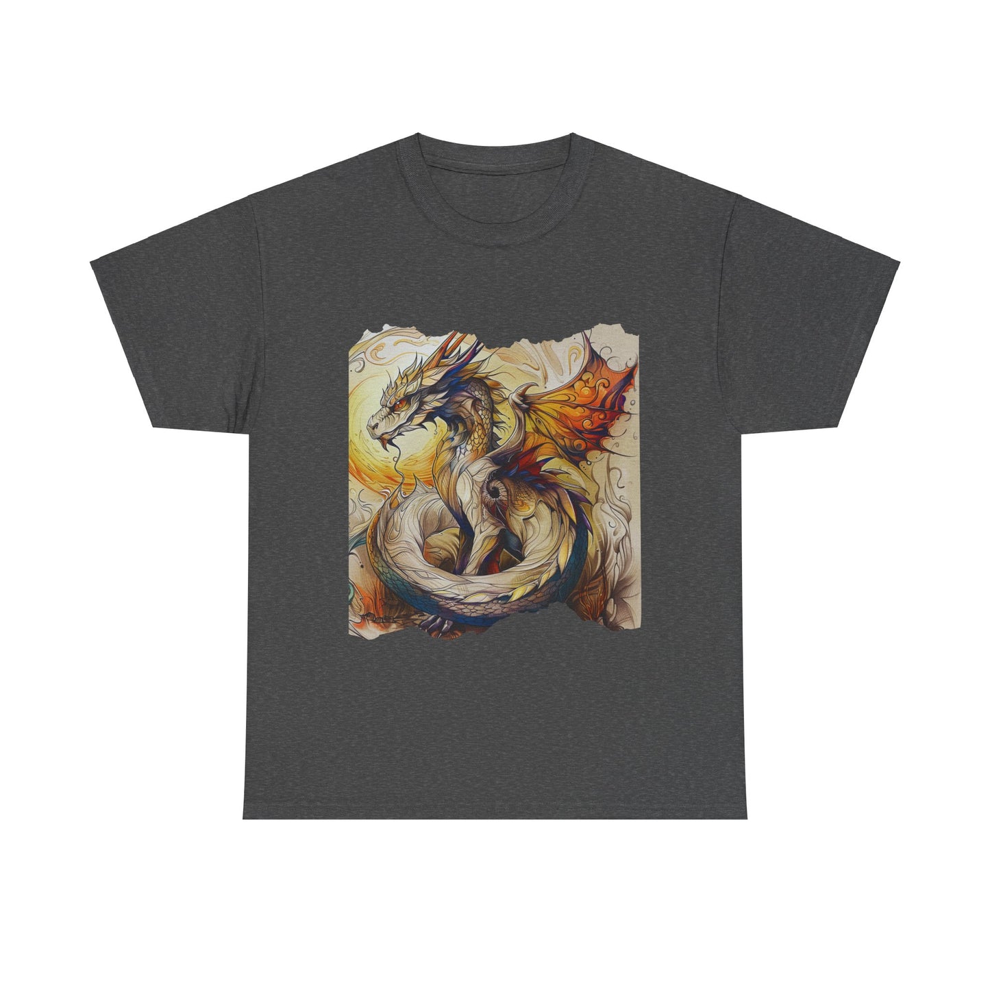 Dragons Yellow Sun Graphic Tee - Dragons and Ancestors - Dragon Lovers Unisex Heavy Cotton Tee T-Shirt
