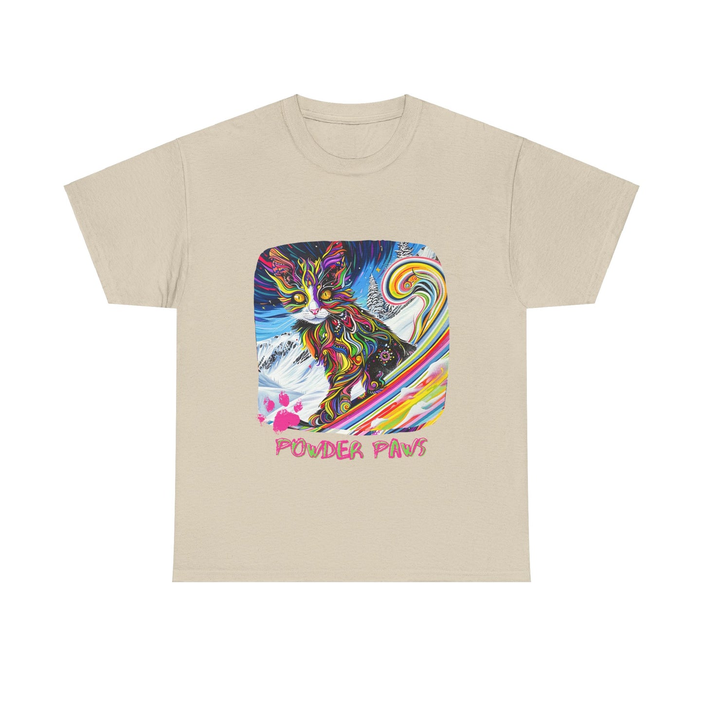 Powder Paws Snow, Snowboard Winter Sports Cat - Cat Art Graphic Tee, Ski Gift - Cool Cats Unisex Heavy Cotton Tee T-Shirt
