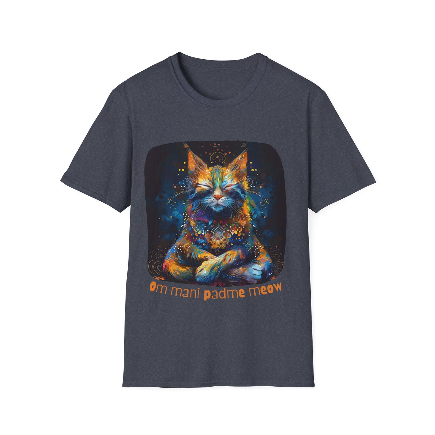 Mani Padme Meow (Version 2) - Meditating Cat Shirt, Cat Lover's Graphic Tee Graphic Unisex T- Shirt, T-Shirt Cat Lovers Gift Softstyle T-Shirt Tee Teeshirt Stylized Cat