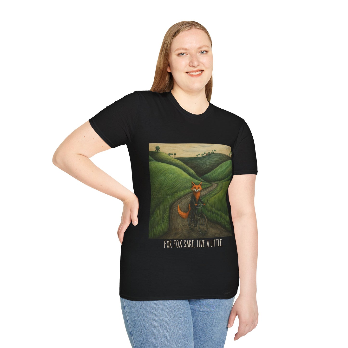 For Fox Sake, Live a Little - Red Fox on a Bicycle- Fox or Cycling Lover's Gift Unisex Tee Shirt, T-Shirt, Fox Lovers Gift Softstyle T-Shirt Tee Teeshirt