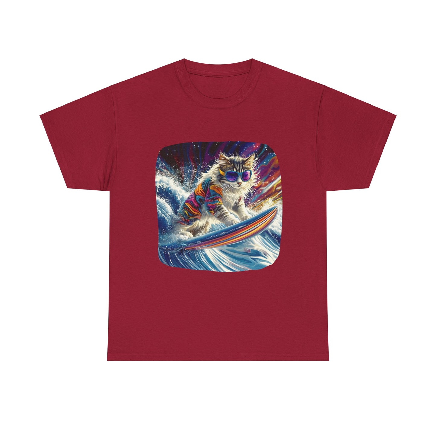 Rip Girl Surfing Surfer Cat, Cat on Surfboard Graphic Tee- Water Sports Cat (V1) Cat Art Gift - Cool Cats Unisex Heavy Cotton Tee T-Shirt