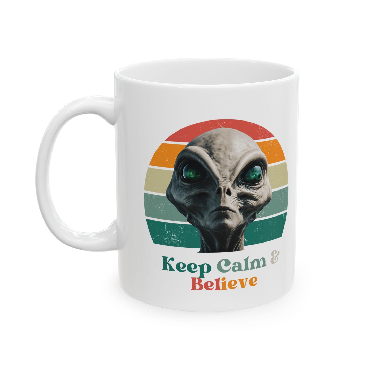 Retro Vibe Alien, ET, Extraterrestrial Gift, Rainbow Retro Gift Mug, Printed Art, Christmas Ceramic Mug 11oz Colorful, 60s 70s Keep Calm