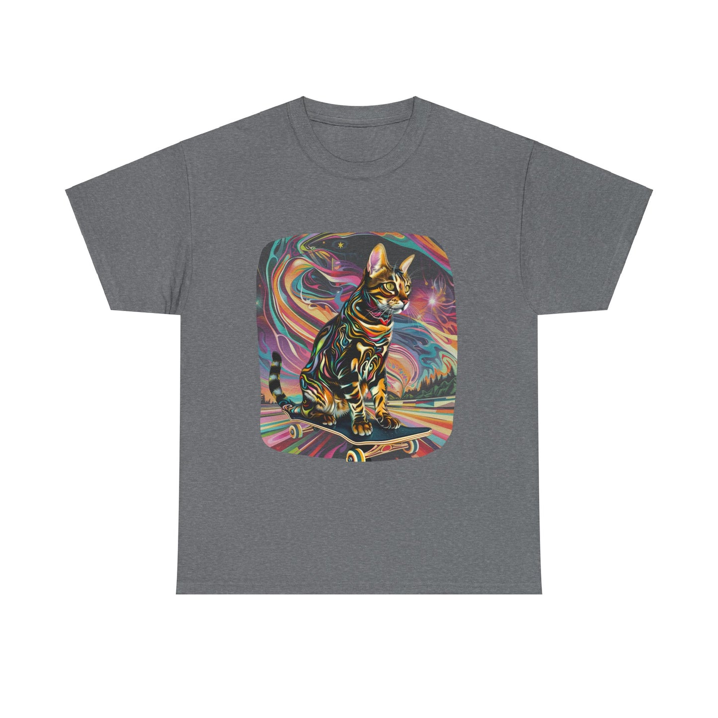 Skateboard Cat, (V2) Skater Cat Art Gift - Cool Cats Unisex Heavy Cotton Tee T-Shirt