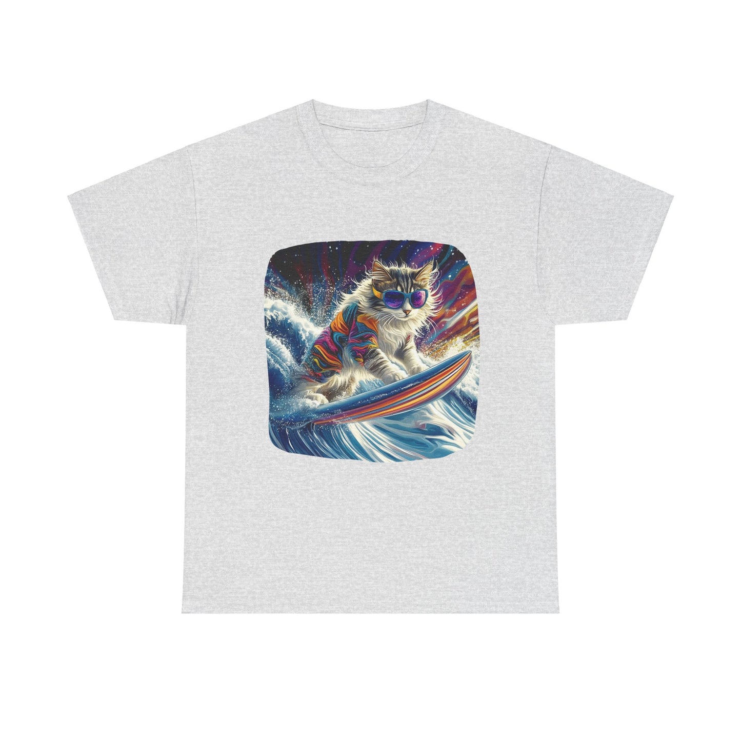 Rip Girl Surfing Surfer Cat, Cat on Surfboard Graphic Tee- Water Sports Cat (V1) Cat Art Gift - Cool Cats Unisex Heavy Cotton Tee T-Shirt