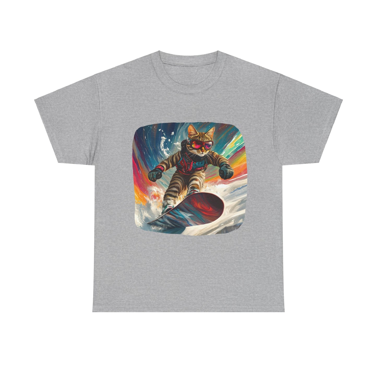 Snowboard Cat, (V2) Winter Apres Ski Cat Art Gift - Cool Cats Unisex Heavy Cotton Tee T-Shirt