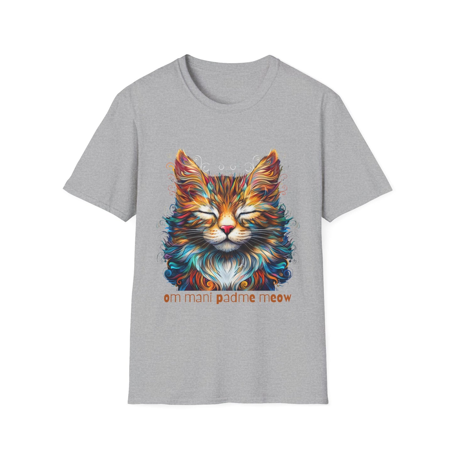 Om Mani Padme Meow - Meditating Cat Shirt, Cat Lover's Graphic Tee Graphic Unisex T- Shirt, T-Shirt Cat Lovers Gift Softstyle T-Shirt Tee Teeshirt Stylized Cat