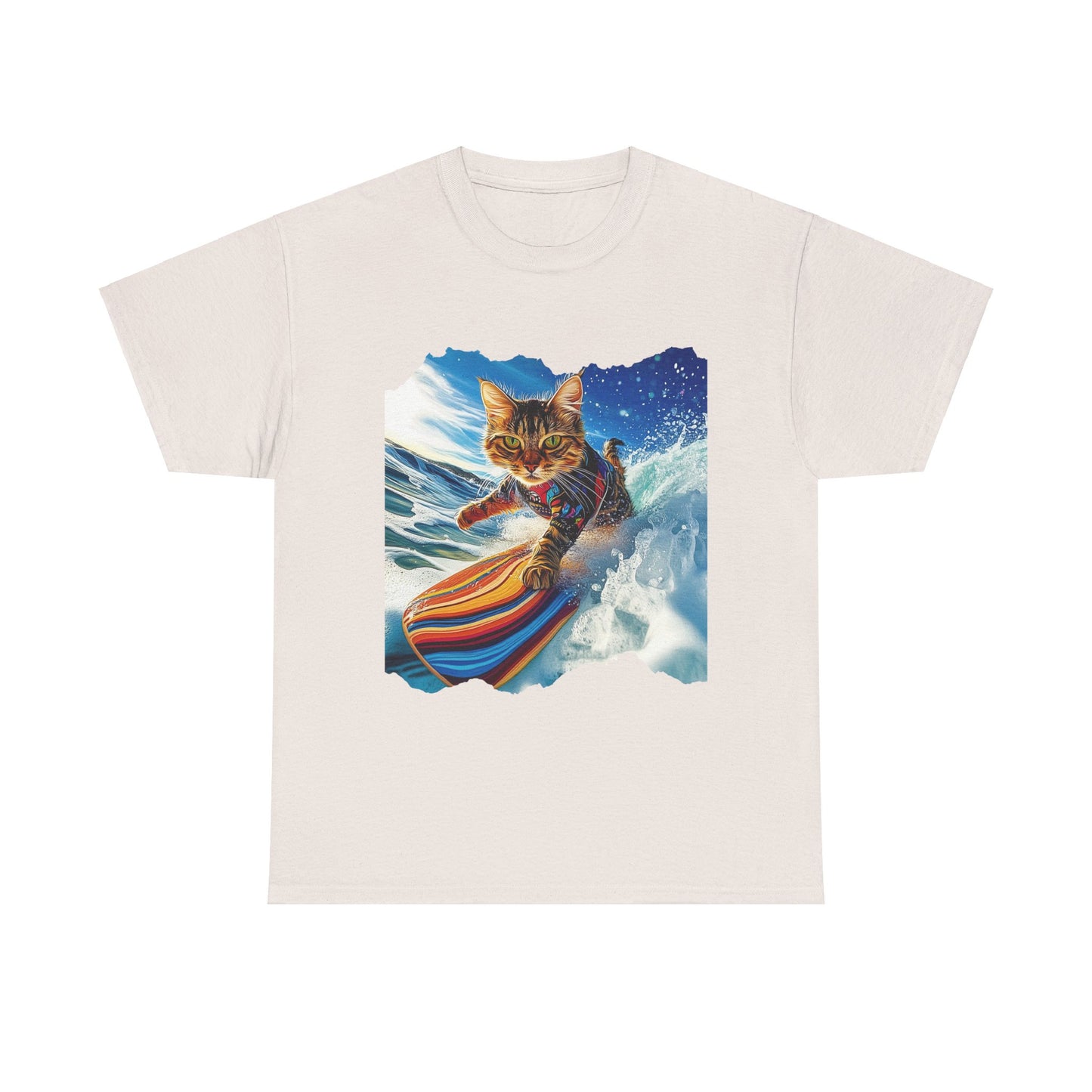 Surfer Surf Cat, Cat on Surfboard Graphic Tee- Water Sports Cat (V1) Cat Art Gift - Cool Cats Unisex Heavy Cotton Tee T-Shirt