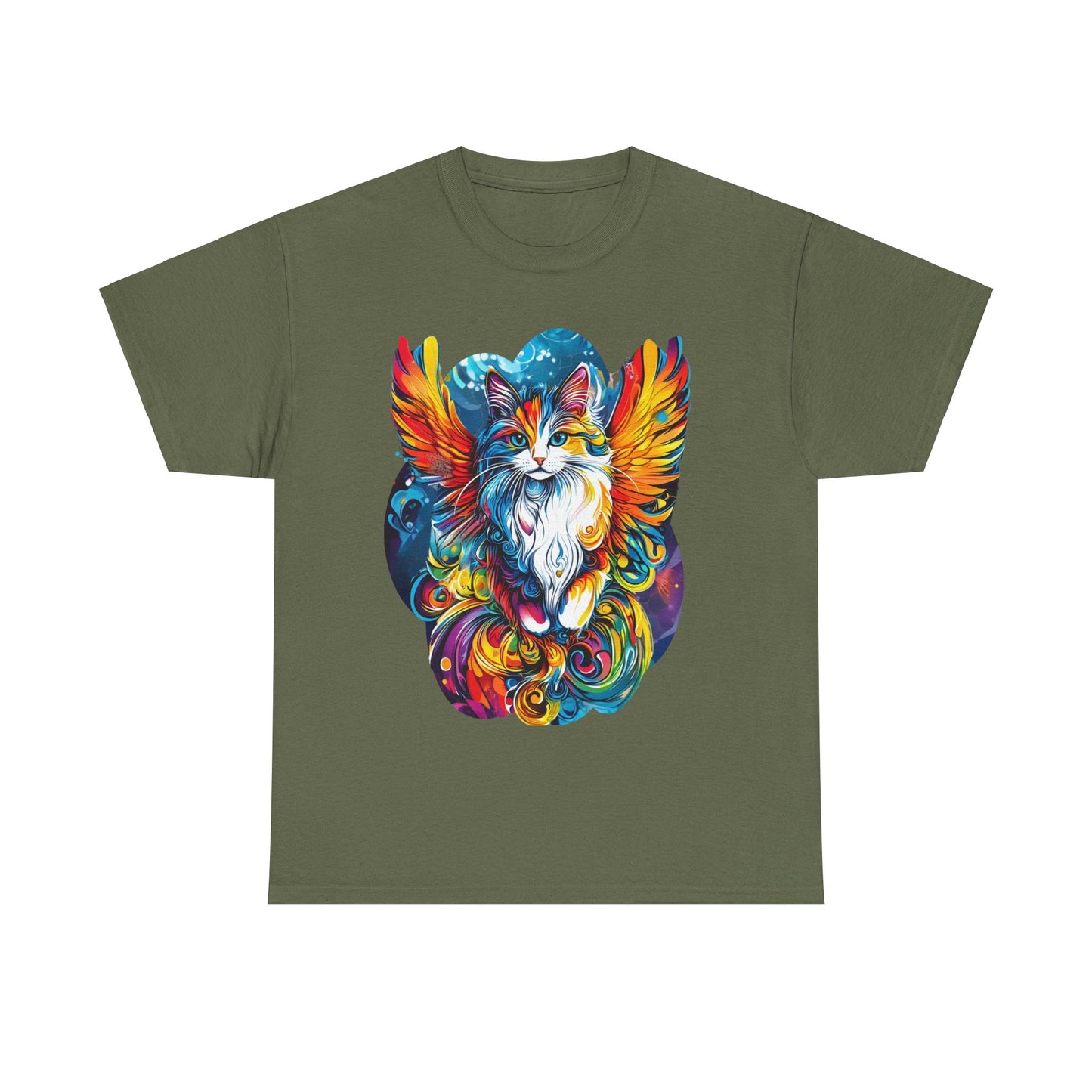 Tattoo Style Cat Angel, Cat Memorial - Cat with Angel Wings Graphic Tee- Cat Gift Unisex Heavy Cotton Tee T-Shirt