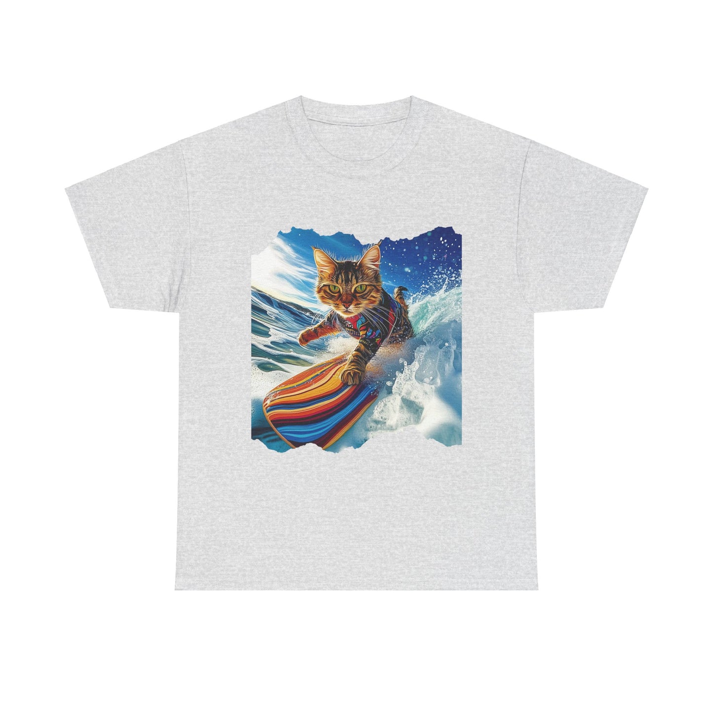 Surfer Surf Cat, Cat on Surfboard Graphic Tee- Water Sports Cat (V1) Cat Art Gift - Cool Cats Unisex Heavy Cotton Tee T-Shirt