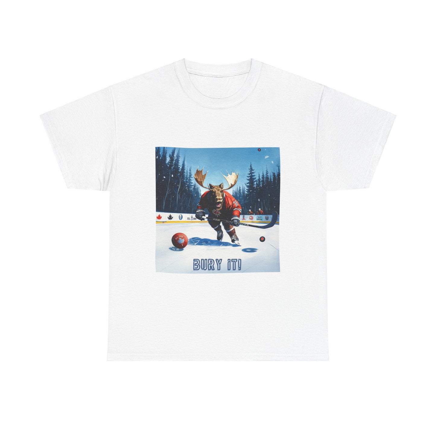 "Bury It" Hockey Player Moose - Moose Lover Hockey Graphic Tee Unisex Heavy Cotton Tee T-Shirt