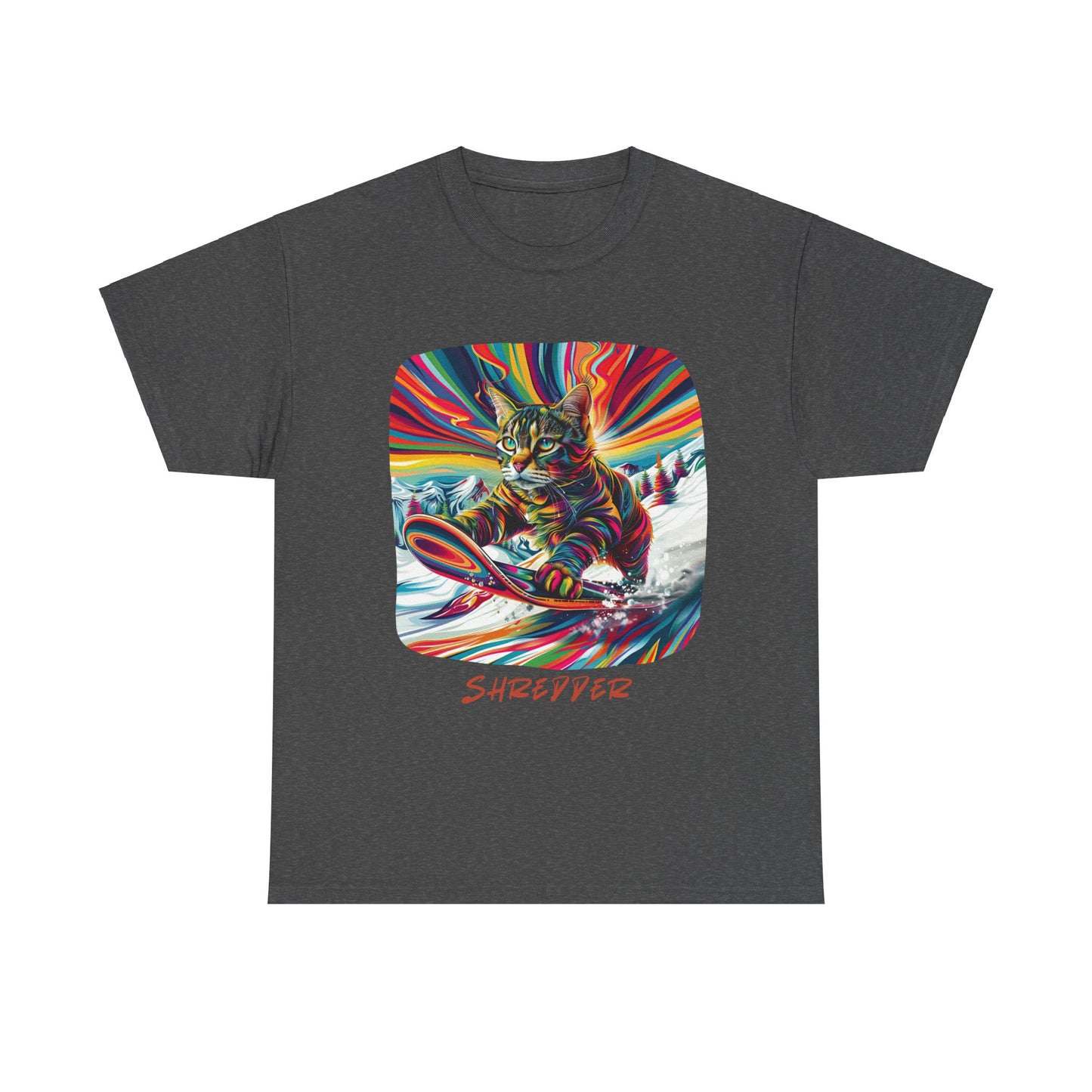 Shredder Snowboard Cat Graphic Tee - Extreme Winter Sports Ski Cat Art Gift - Cool Cats Unisex Heavy Cotton Tee T-Shirt