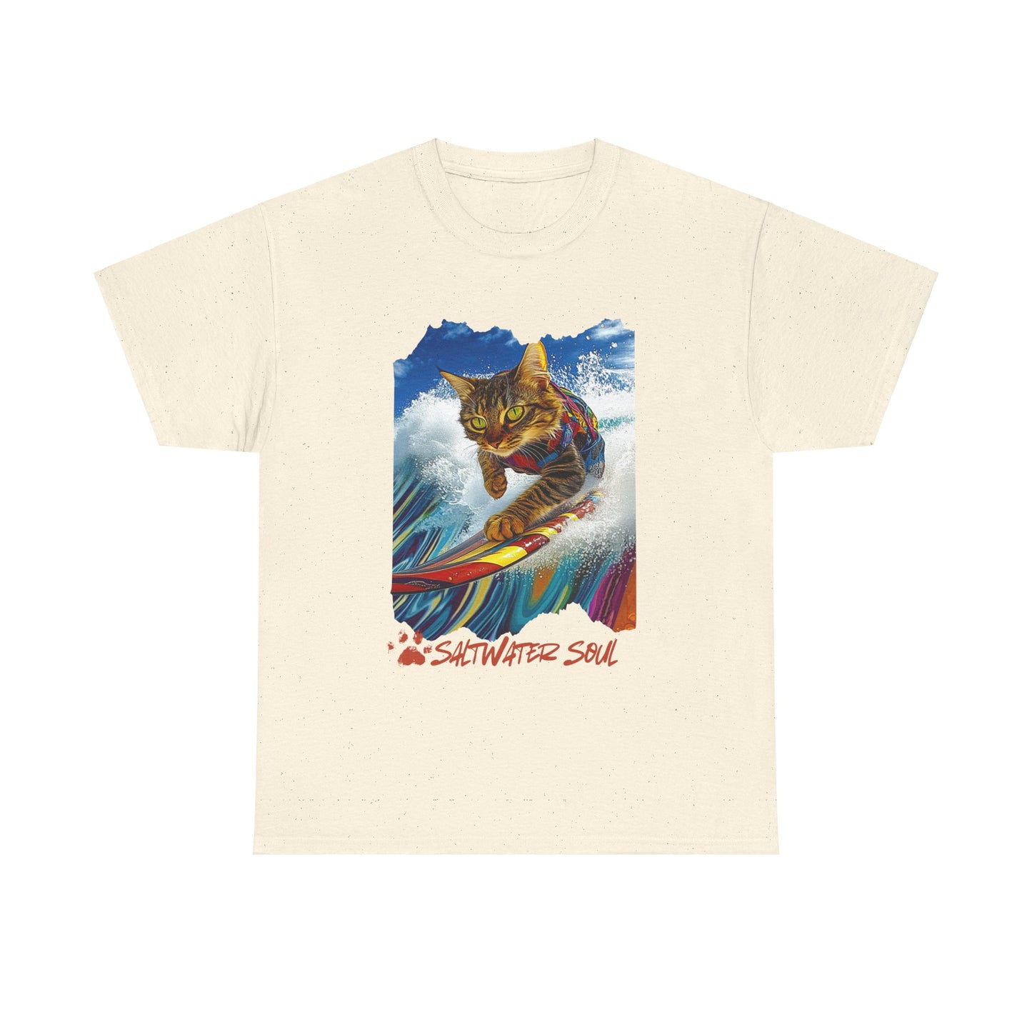 Saltwater Soul Surfer Cat, T-shirt, Cat on Surfboard Graphic Tee- Water Sports Cat Cat Art Gift - Cool Cats Unisex Heavy Cotton Tee T-Shirt