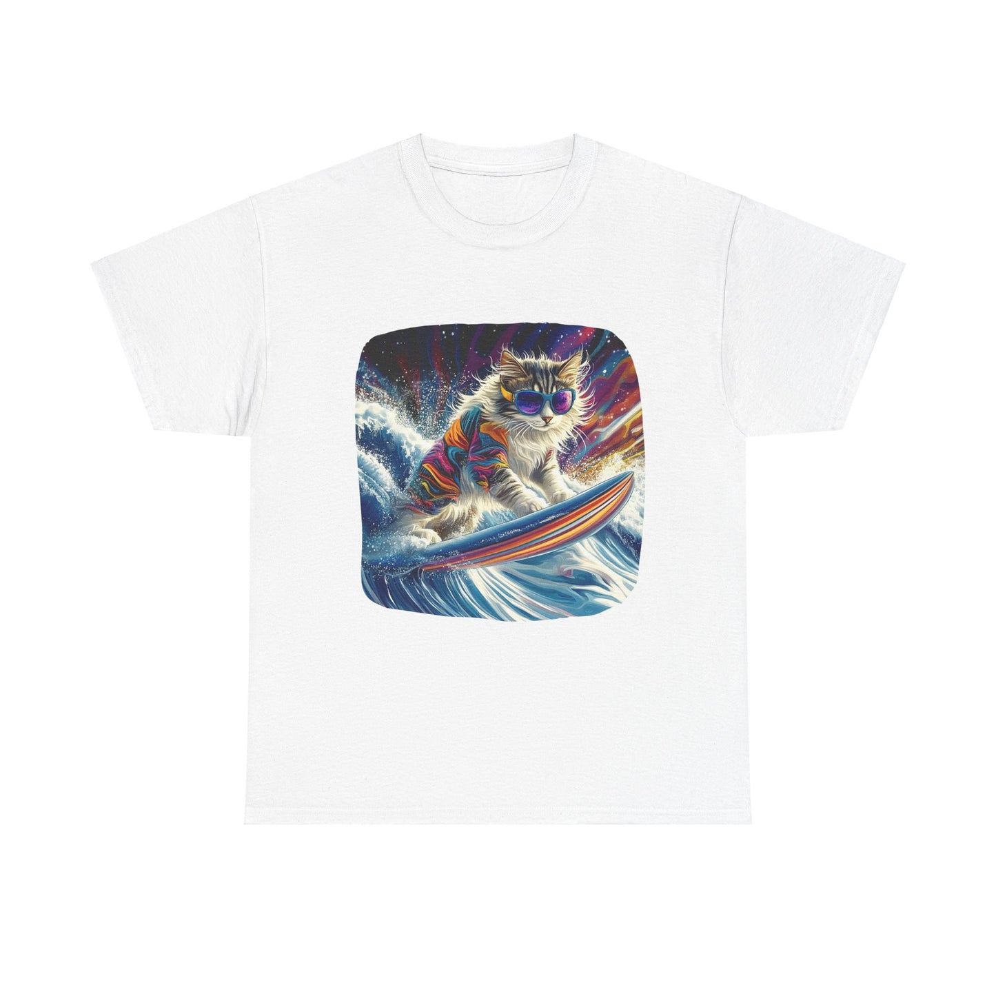 Rip Girl Surfing Surfer Cat, Cat on Surfboard Graphic Tee- Water Sports Cat (V1) Cat Art Gift - Cool Cats Unisex Heavy Cotton Tee T-Shirt