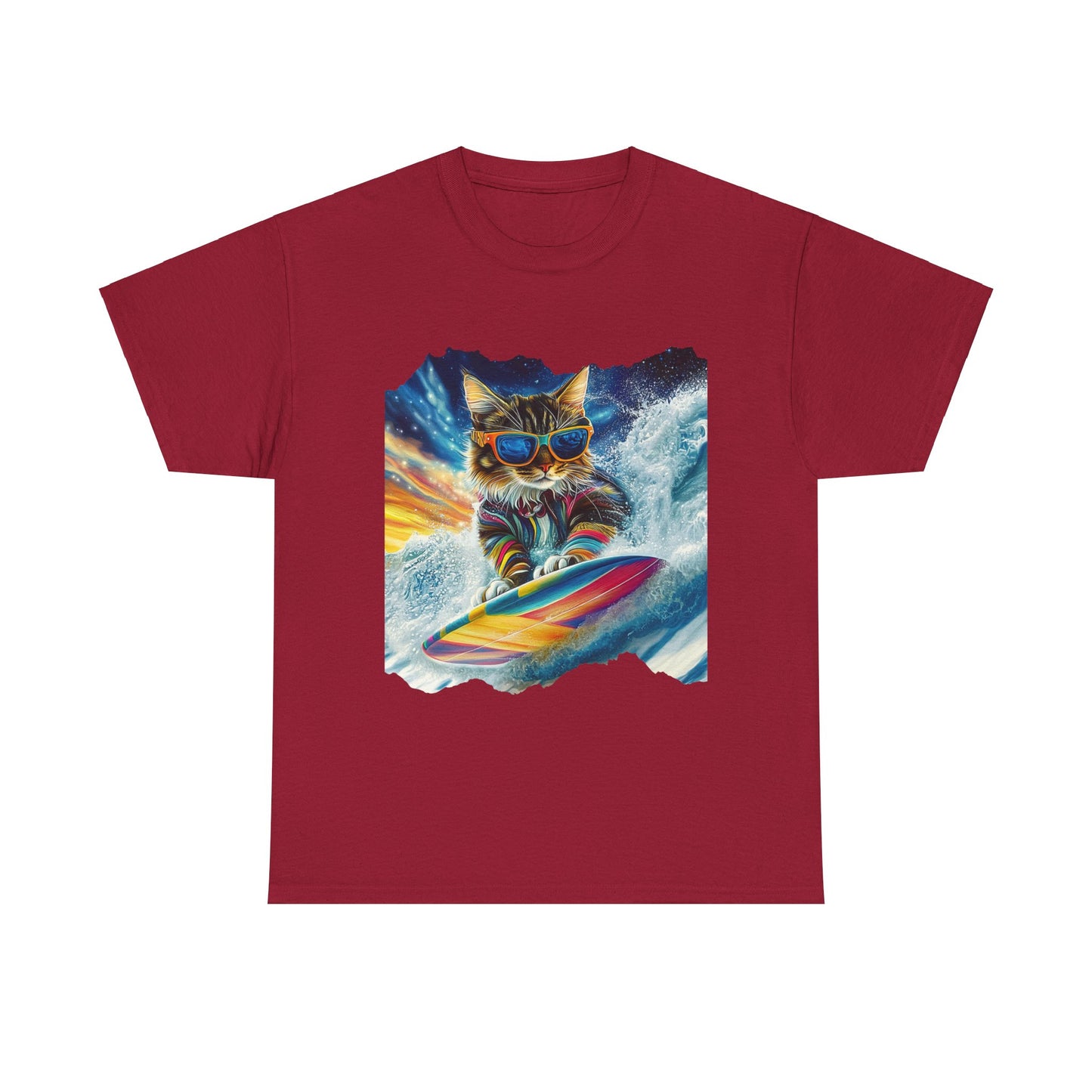 Surfer Surfing Cat, (Ver 2) Cat on Surfboard Graphic Tee- Water Sports Cat (V1) Cat Art Gift - Cool Cats Unisex Heavy Cotton Tee T-Shirt