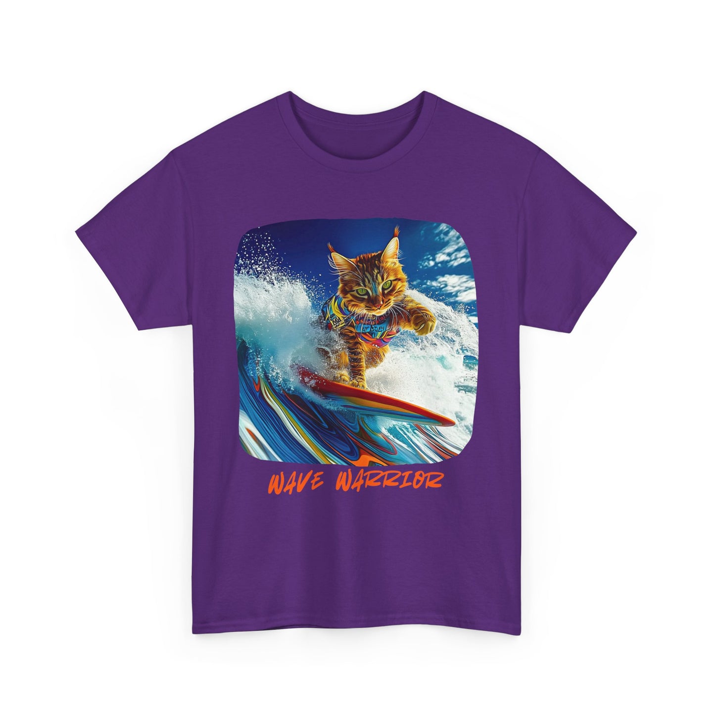 Wave Warrior Surfer Surfing Cat, Cat on Surfboard Graphic Tee reads "Wave Warrior" Surf Life Cat ,Art Gift - Cool Cats Unisex Heavy Cotton Tee T-Shirt