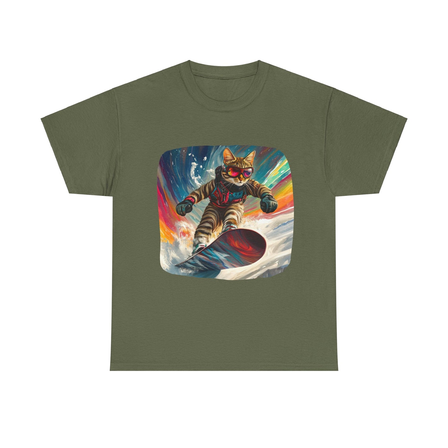 Snowboard Cat, (V2) Winter Apres Ski Cat Art Gift - Cool Cats Unisex Heavy Cotton Tee T-Shirt