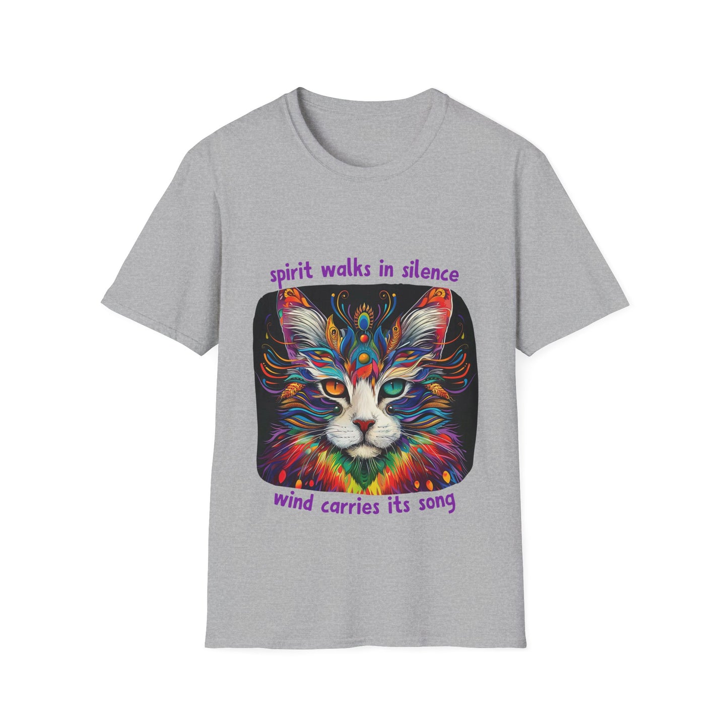 Spirit Walks in Silence, Wind Carries its Song - Shaman Graphic Cat Tee, Cat Lover's Graphic Tee Graphic Unisex T- Shirt, T-Shirt Cat Lovers Gift Softstyle T-Shirt Tee Teeshirt Stylized Cat