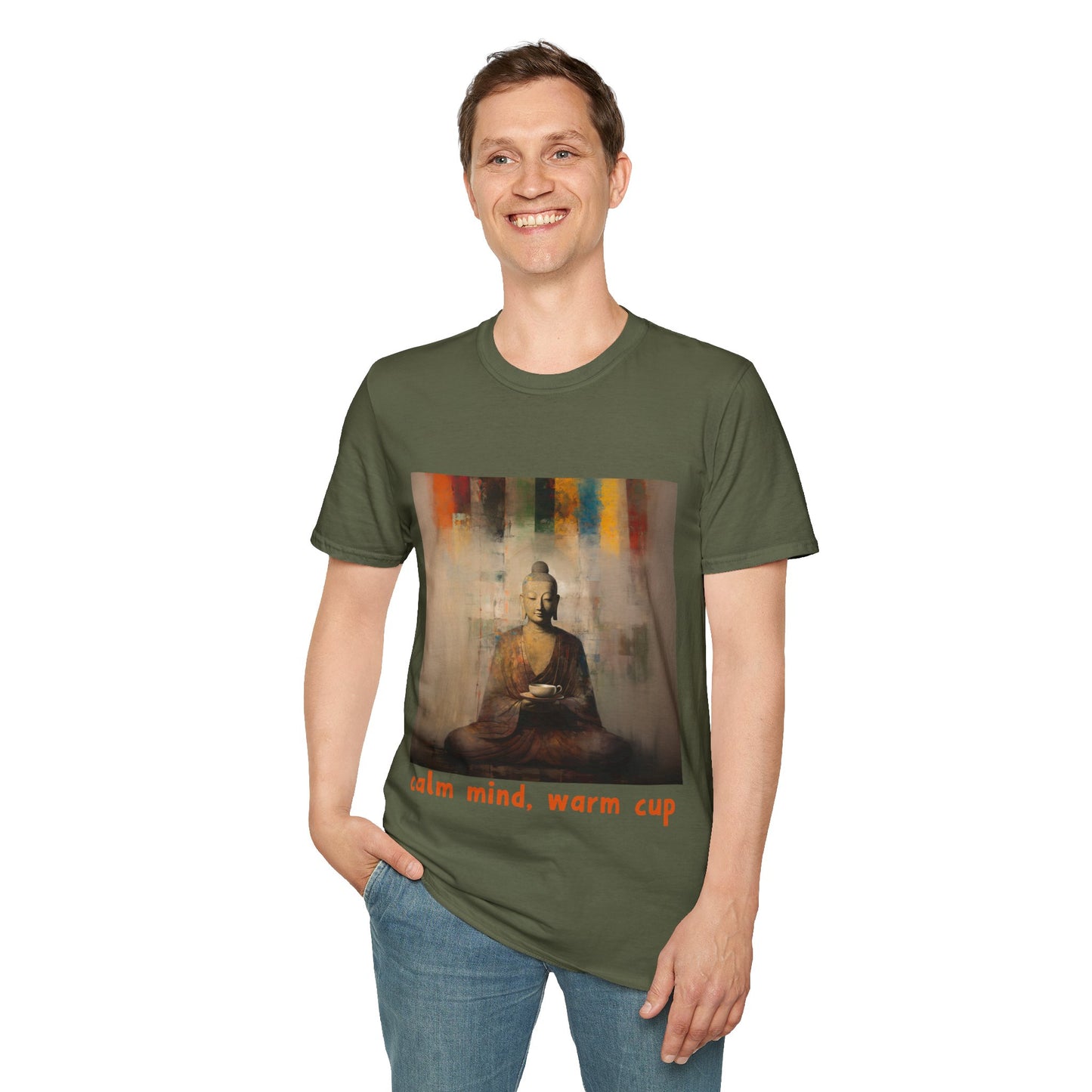 Calm Mind, Warm Cup Coffee Lover Peace Gift, Zen Coffee Buda Buddha Budda Unisex Jersey Short Sleeve Tee Shirt, Softstyle T-Shirt Men Woman