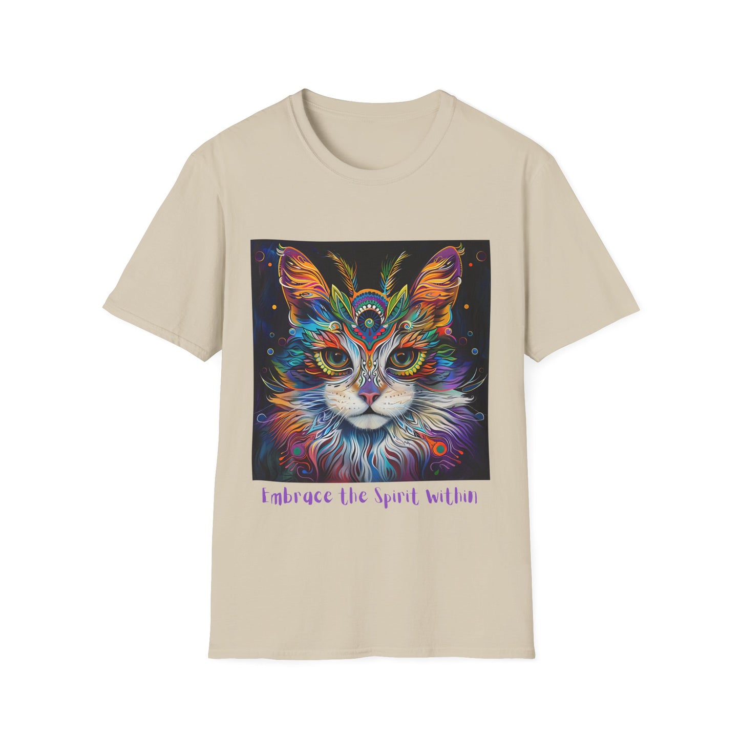 "Embrace the Spirit Within" Cat Shaman Graphic Cat Tee, Cat Lover's Graphic Tee Graphic Unisex T- Shirt, T-Shirt Cat Lovers Gift Softstyle T-Shirt Tee Teeshirt Stylized Cat