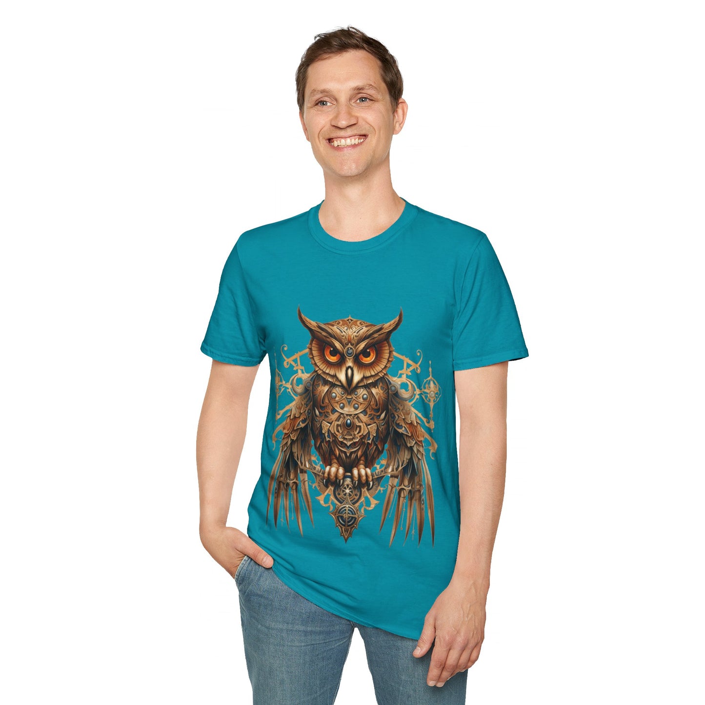 Steampunk Art Deco Style Owl II, Golden Owl Shirt, 1920's Owl Gift Unisex Tee Shirt, T-Shirt Softstyle T-Shirt Tee Teeshirt