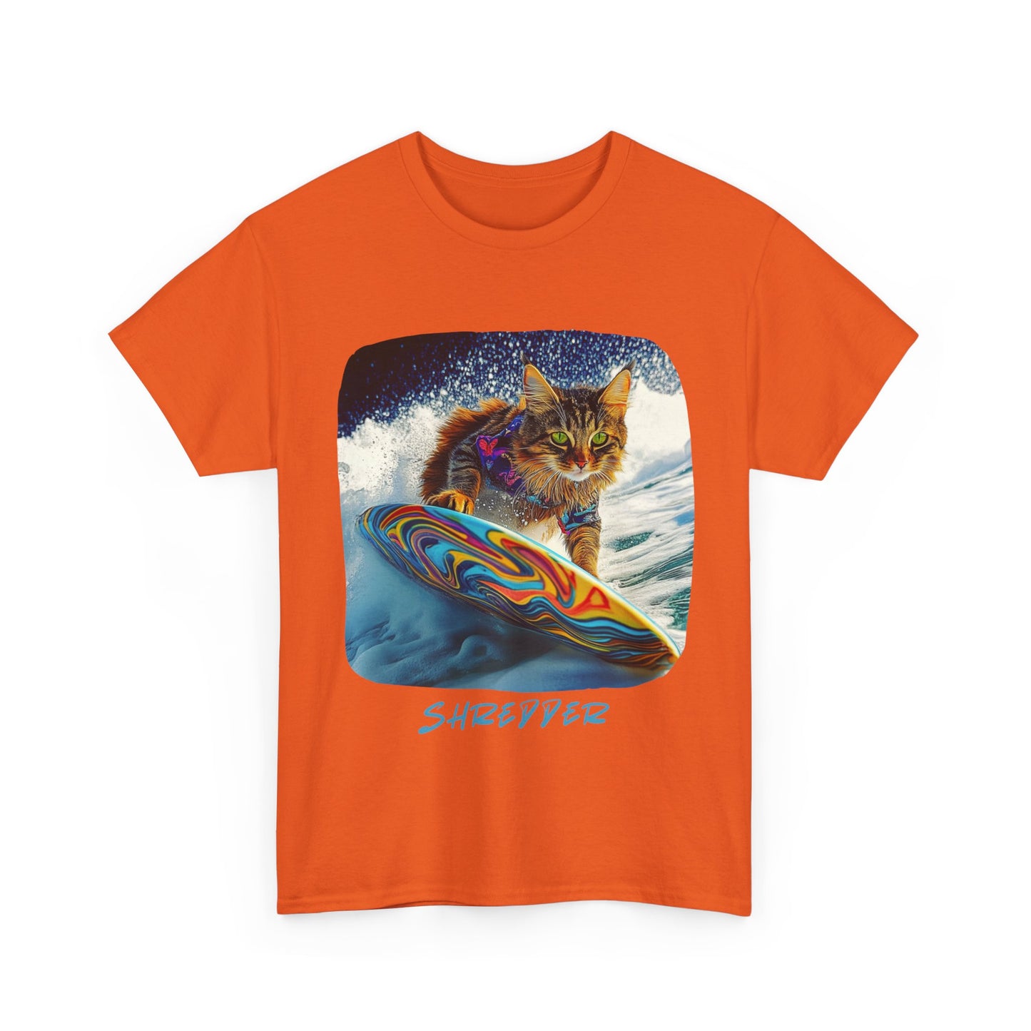 Shredder Surfer Cat, "Shredder" T-shirt, Cat on Surfboard Graphic Tee- Water Sports Cat (V1) Cat Art Gift - Cool Cats Unisex Heavy Cotton Tee T-Shirt