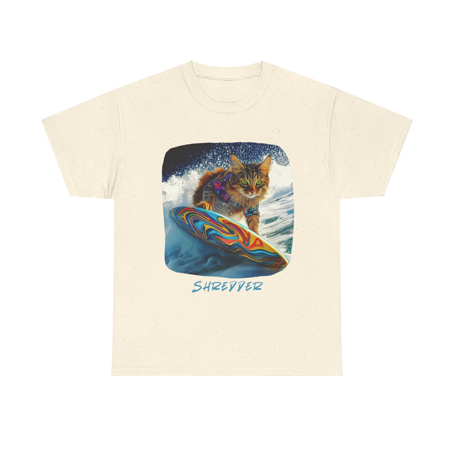 Shredder Surfer Cat, "Shredder" T-shirt, Cat on Surfboard Graphic Tee- Water Sports Cat (V1) Cat Art Gift - Cool Cats Unisex Heavy Cotton Tee T-Shirt