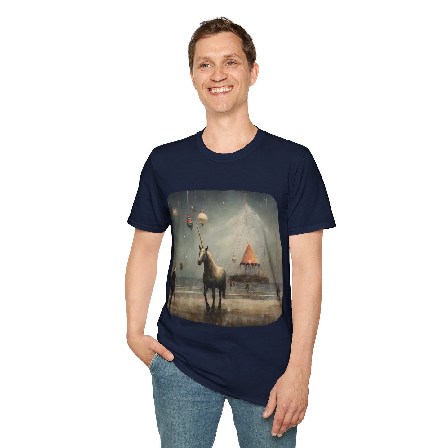 Unicorn with Holiday Ornament, Unicorn Christmas Gift Unisex Tee Shirt, T-Shirt Softstyle T-Shirt