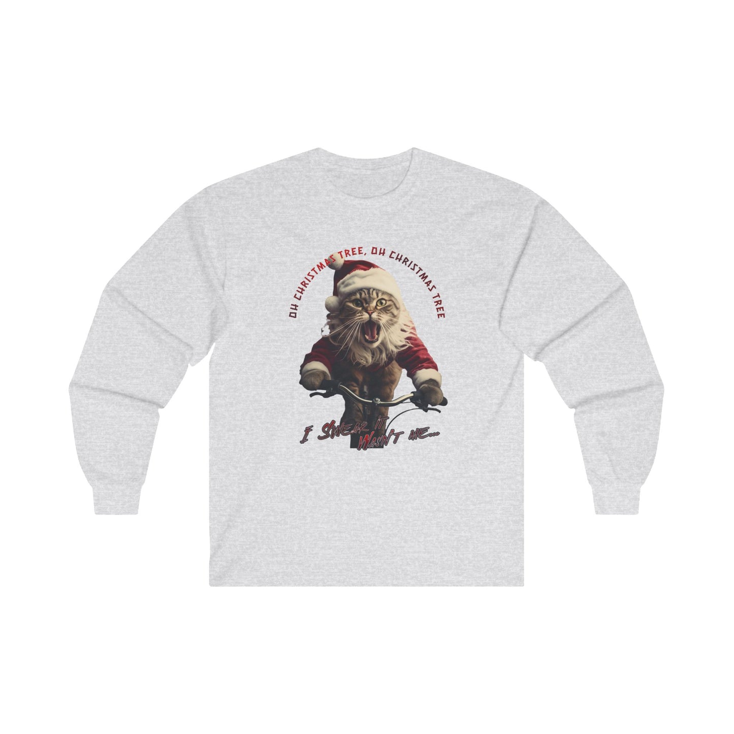 "Oh Christmas Tree Oh Christmas Tree" Christmas Cat, Cats on Bikes, Christmas Caroling Cats - Unisex Long Sleeve Jersey Cotton Shirt Mens Women's Cat Gift Oh Christmas Tree
