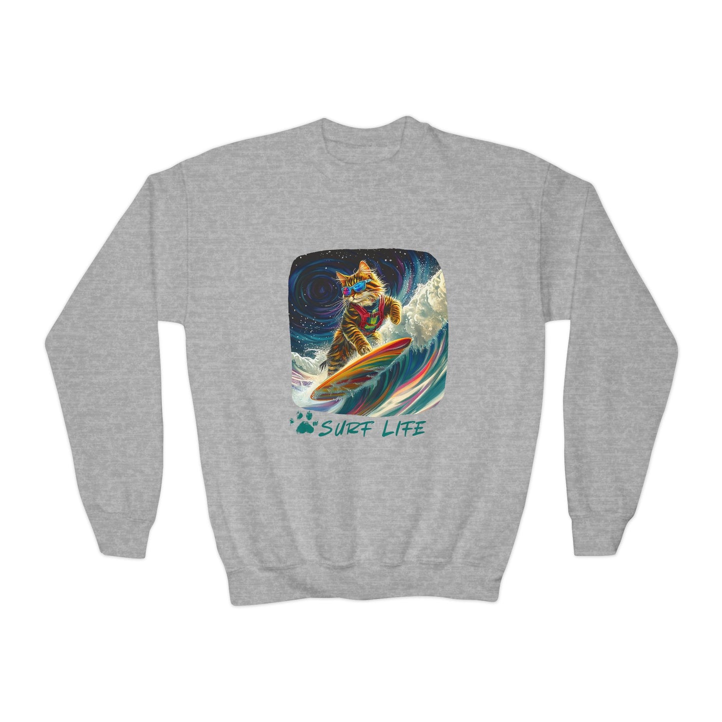Surf Life Surfer Cat for Kids Sweatshirt - Kitty Cat Shredding the Weves-Youth Crewneck Sweatshirt -Christmas Cat Gift