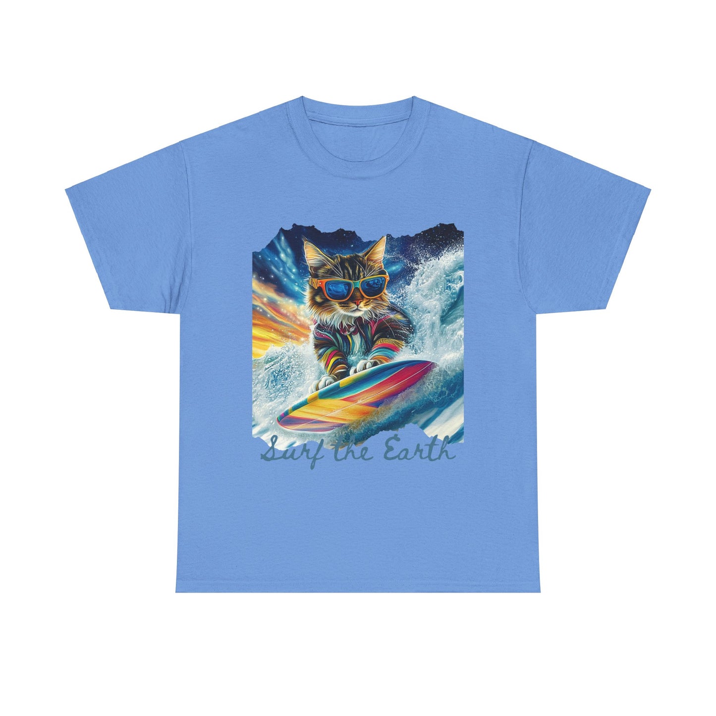 Surf Surfer Cat, "Surf the Earth", Cat on Surfboard Graphic Tee- Water Sports Cat (V1) Cat Art Gift - Cool Cats Unisex Heavy Cotton Tee T-Shirt