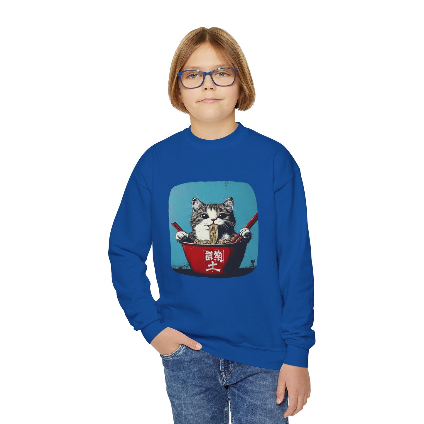 Ramen Bowl Cats for Kids Sweatshirt - Hungry Noodle Kitty Cat Youth Crewneck Sweatshirt -Christmas Cat Gift