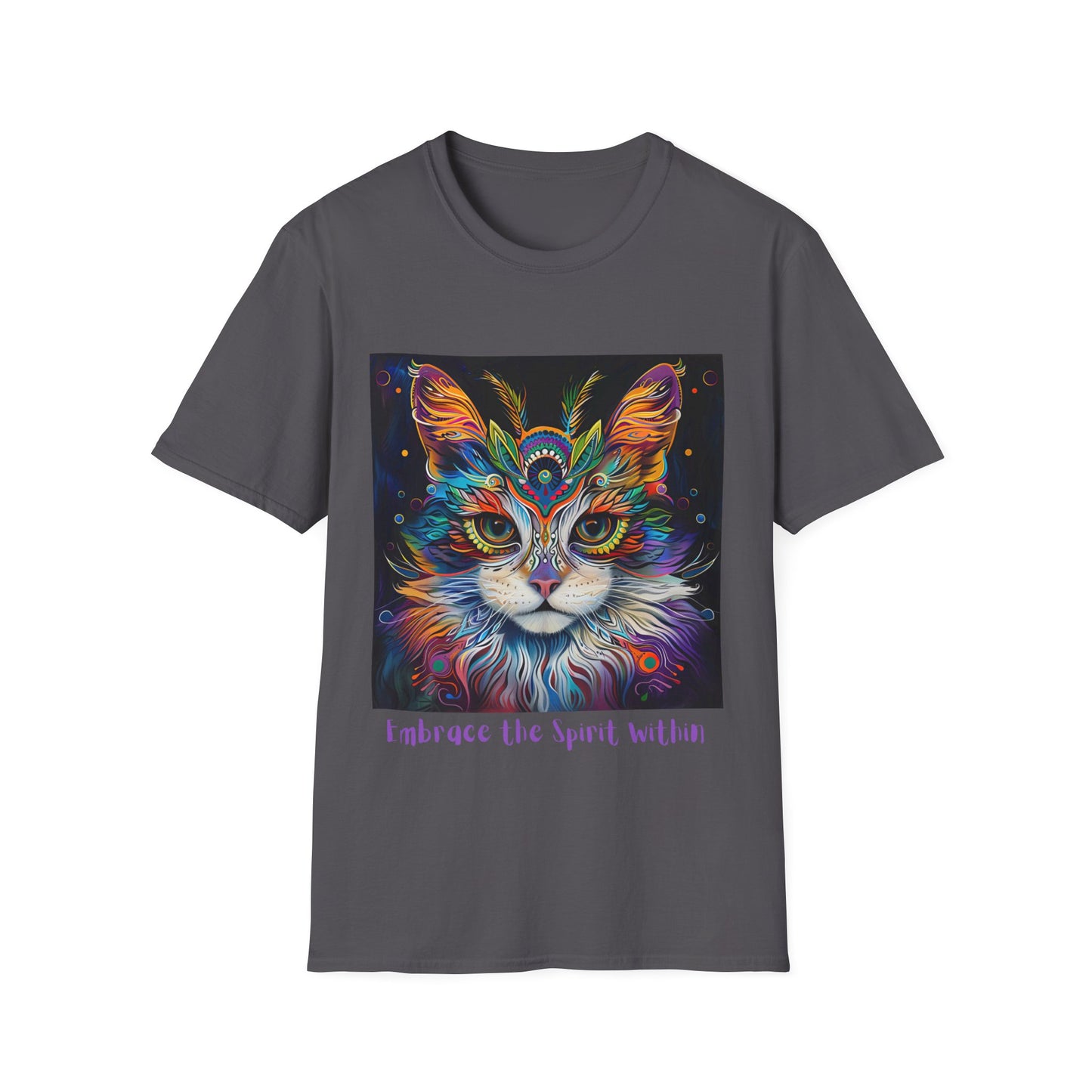"Embrace the Spirit Within" Cat Shaman Graphic Cat Tee, Cat Lover's Graphic Tee Graphic Unisex T- Shirt, T-Shirt Cat Lovers Gift Softstyle T-Shirt Tee Teeshirt Stylized Cat