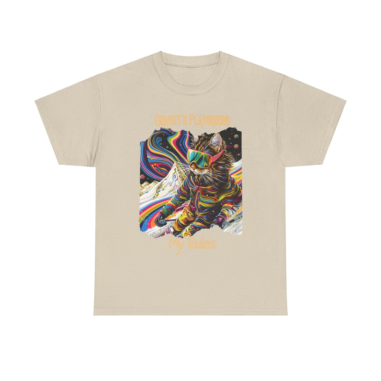 Gravity's Playground, MY Rules - Ski, Snow, Snowboard Winter Sports Cat (V2) Cat Art Gift -Cool Cats Graphic Tee Unisex Heavy Cotton Tee T-Shirt