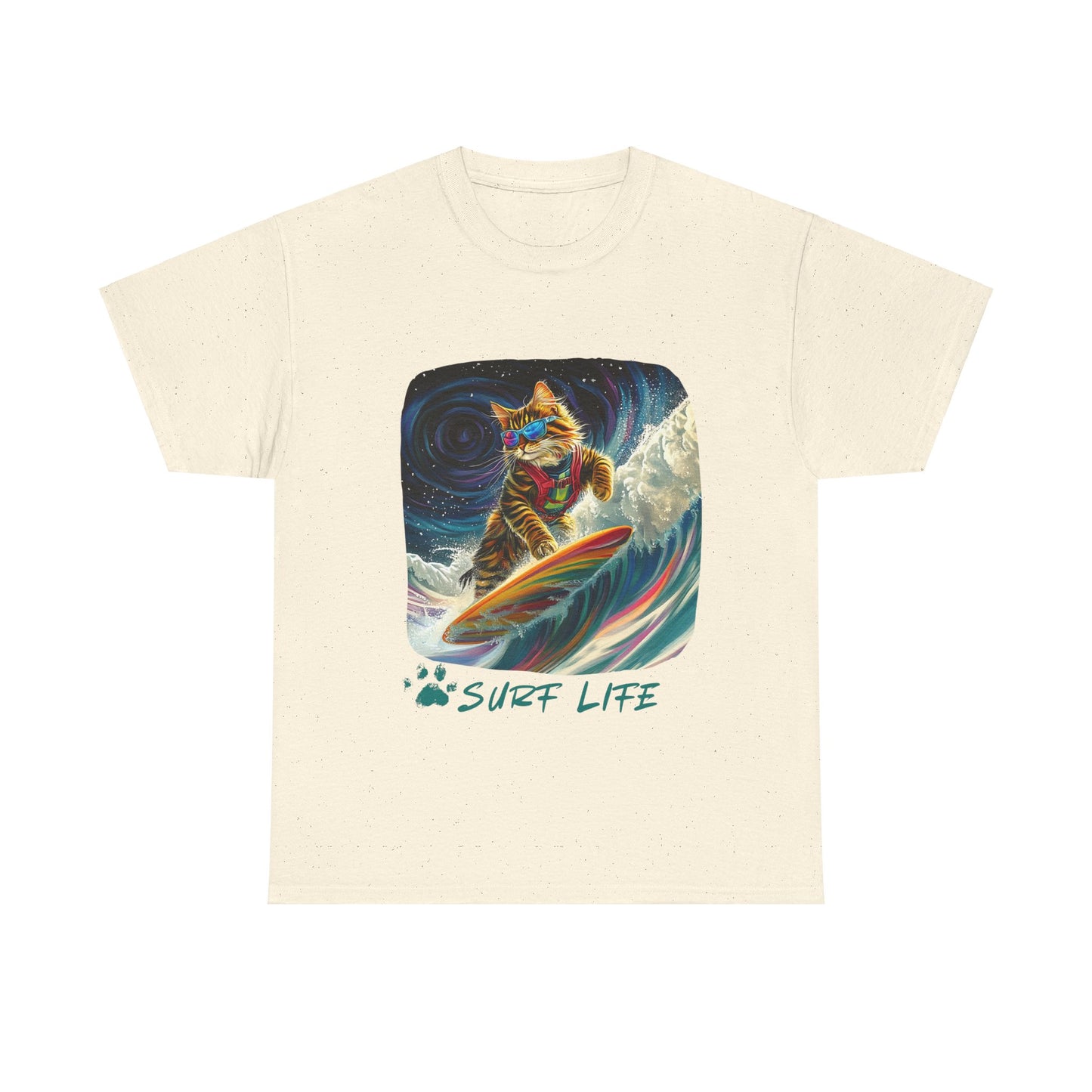 Surf LIfe - Surfer Surfing Cat Graphic Tee, Cat on Surfboard - Shirt reads "Surf Life" Cats Art Gift - Cool Cats Unisex Heavy Cotton Tee T-Shirt