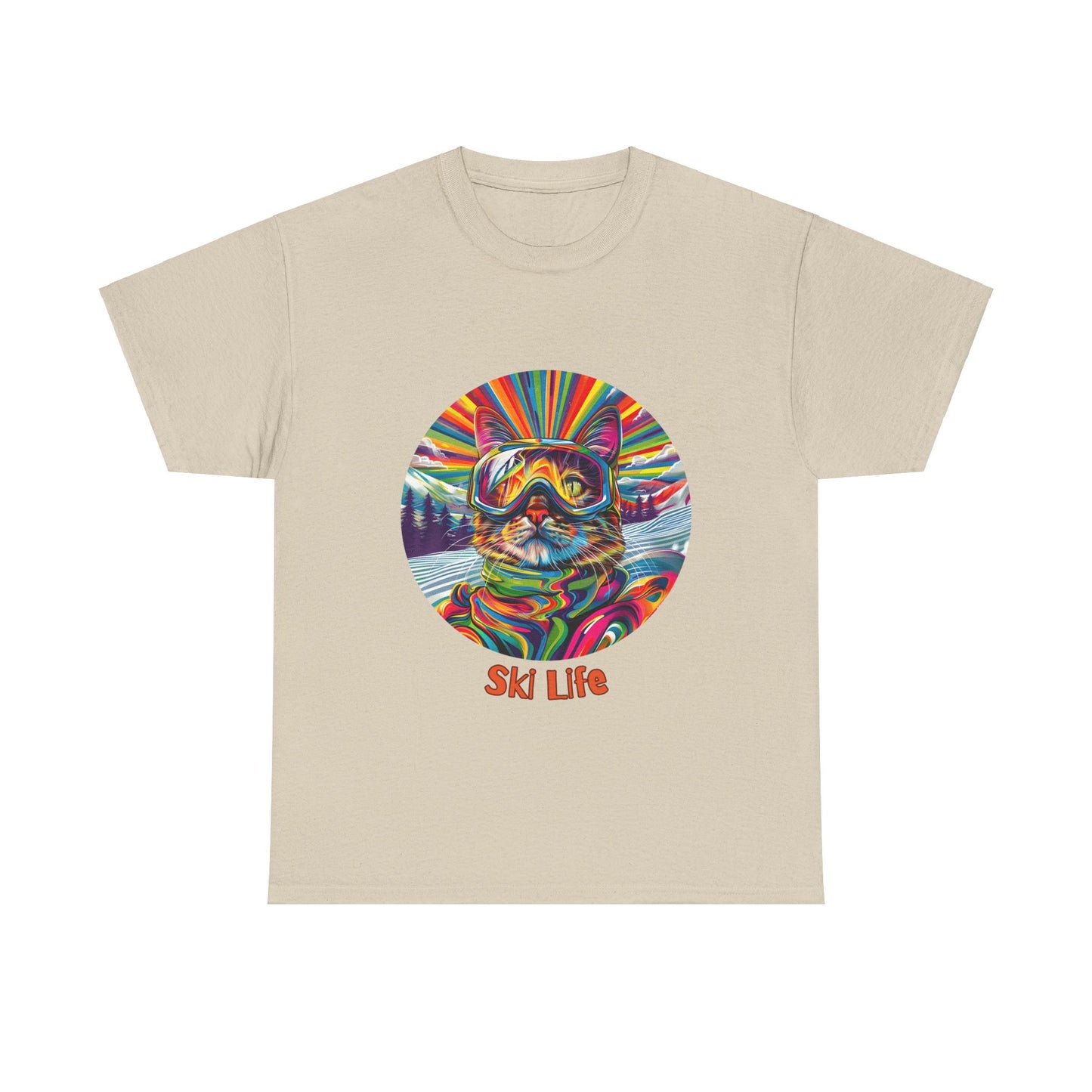 Ski Cat - "Ski Life" Snow, Snowboard Winter Sports Cat (V6) Cat Art Gift - Cool Cats Unisex Heavy Cotton Tee T-Shirt