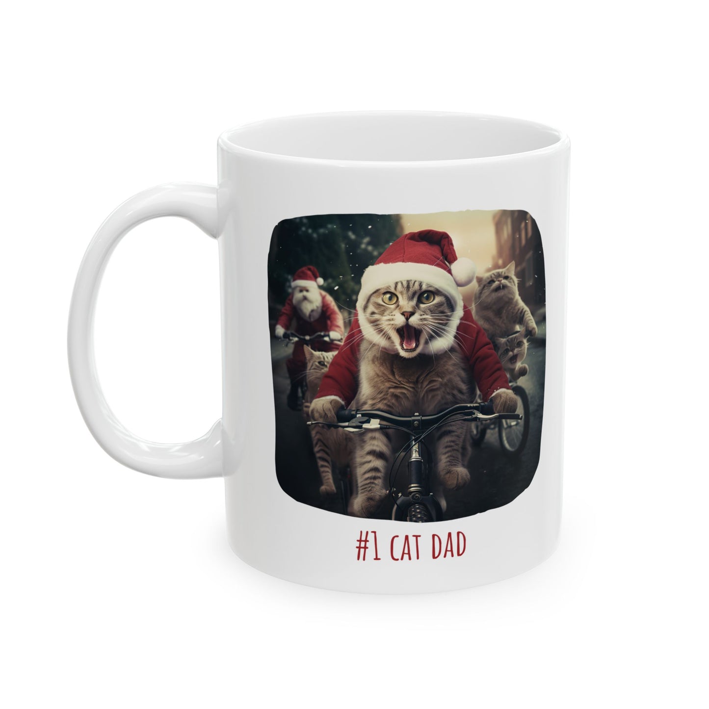 Cat - #1 Cat Dad Gift Mug, Printed Art, Cats on Bicycles, Cats on Cycles Style, Ceramic Mug 11oz Colorful, Bright and Cheery