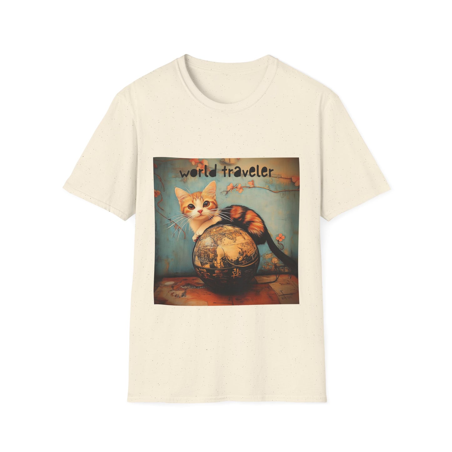 World Traveler Cute Cat Shirt, Cat Lover's Gift Graphic Tee Shirt, Text Reads "World Traveler" Unisex Softstyle T-Shirt Tee Teeshirt Retro
