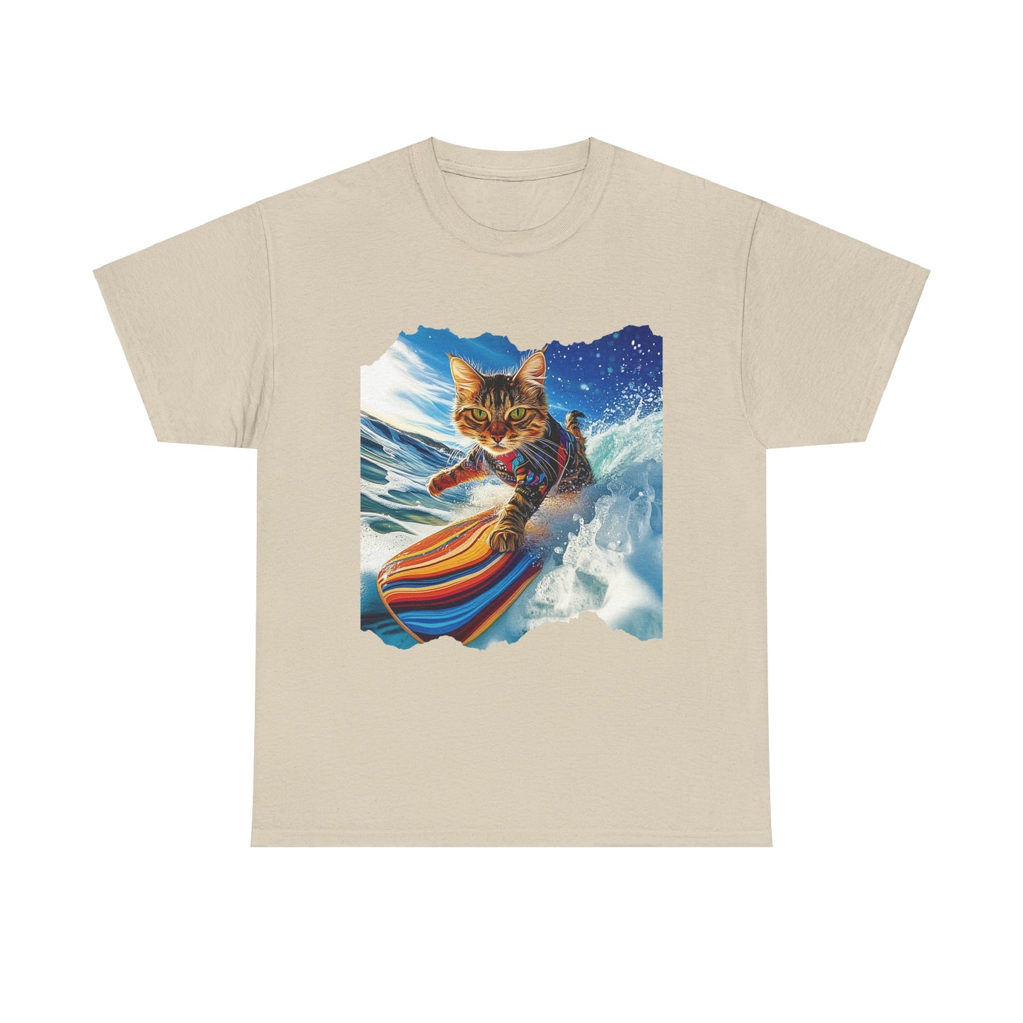 Surfer Surf Cat, Cat on Surfboard Graphic Tee- Water Sports Cat (V1) Cat Art Gift - Cool Cats Unisex Heavy Cotton Tee T-Shirt