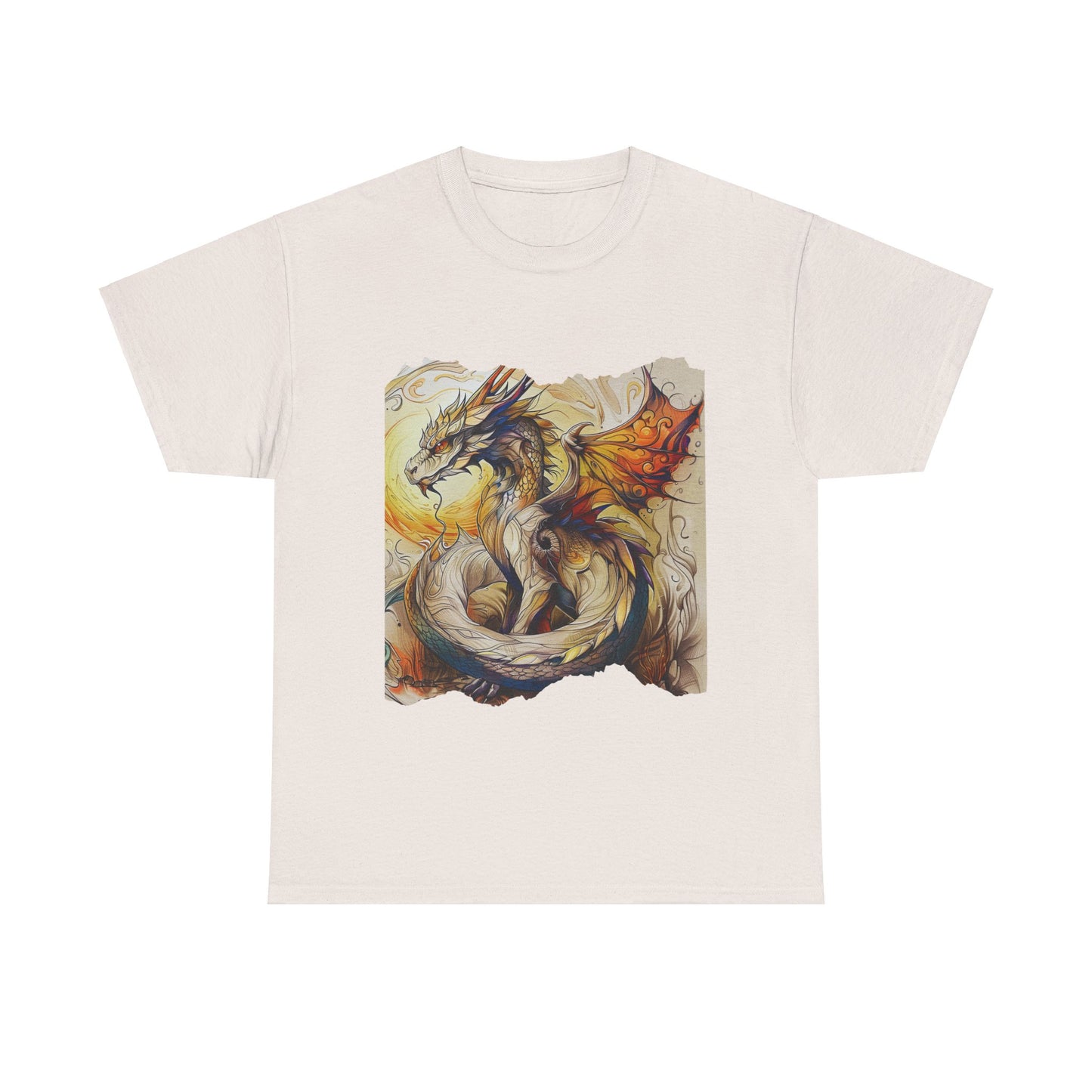 Dragons Yellow Sun Graphic Tee - Dragons and Ancestors - Dragon Lovers Unisex Heavy Cotton Tee T-Shirt