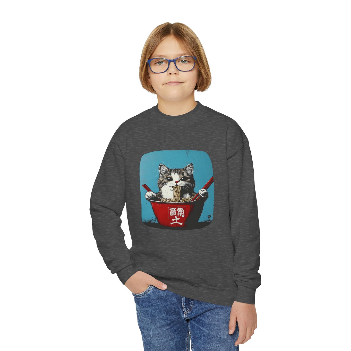 Ramen Bowl Cats for Kids Sweatshirt - Hungry Noodle Kitty Cat Youth Crewneck Sweatshirt -Christmas Cat Gift